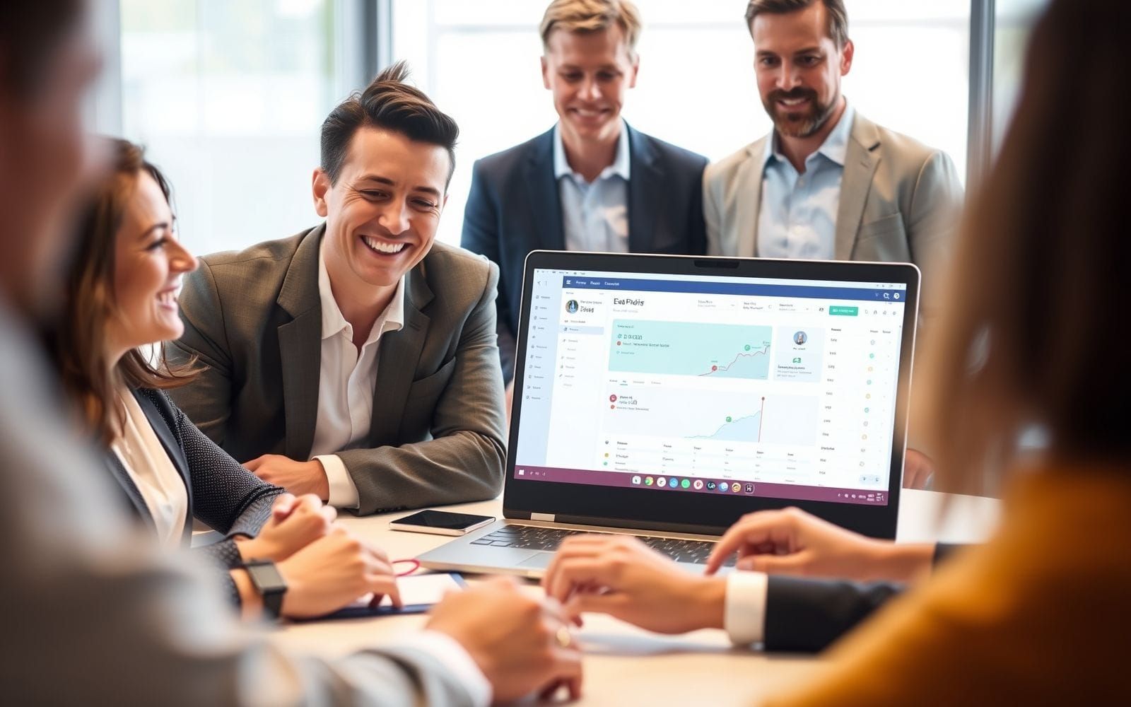 Team collaborating with project management software and Slack integration.