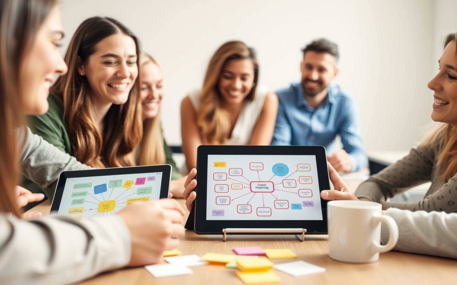Professionals using mind mapping software for brainstorming and project planning.