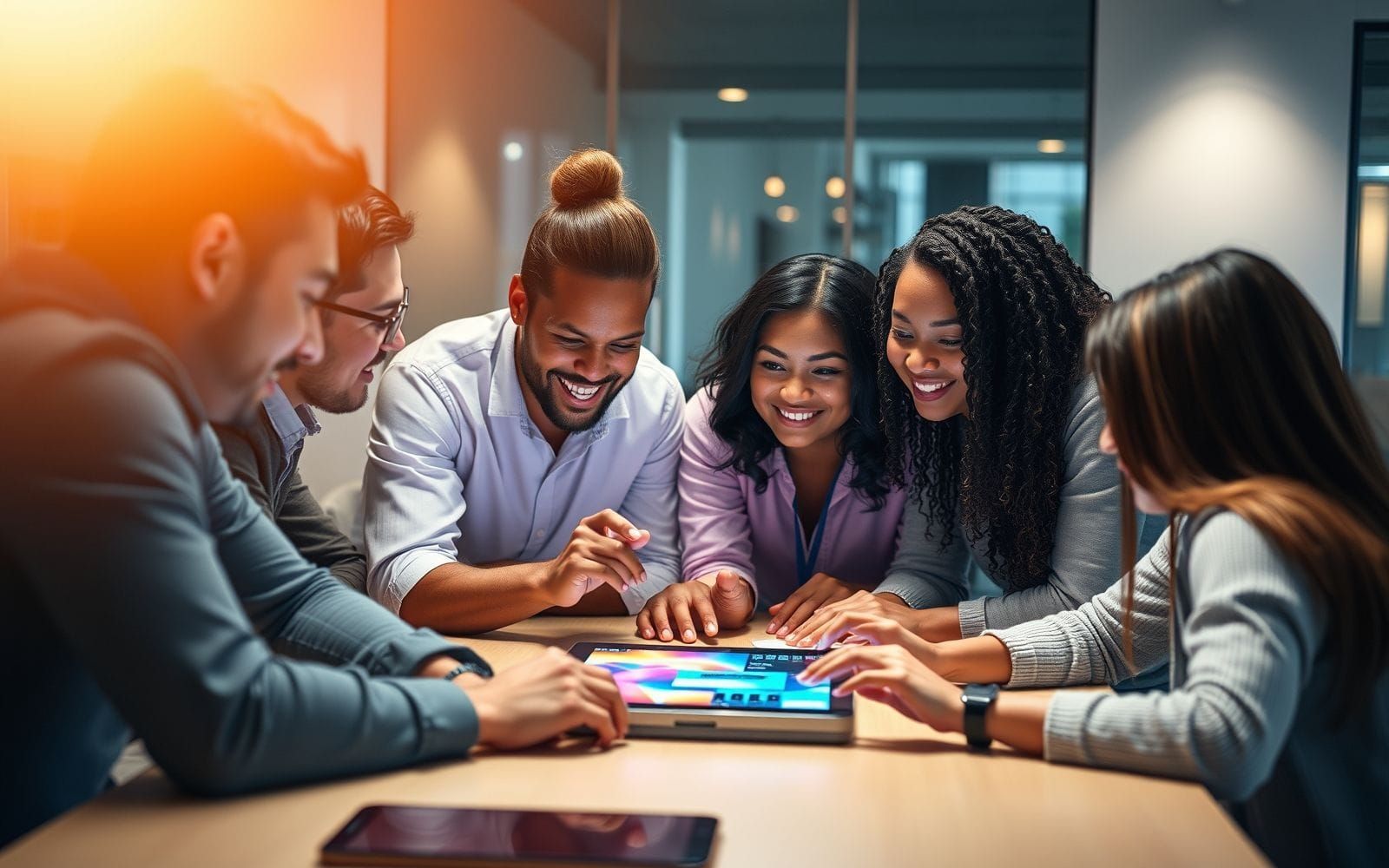 Diverse team collaborating on a tablet displaying interactive UI UX design prototype.