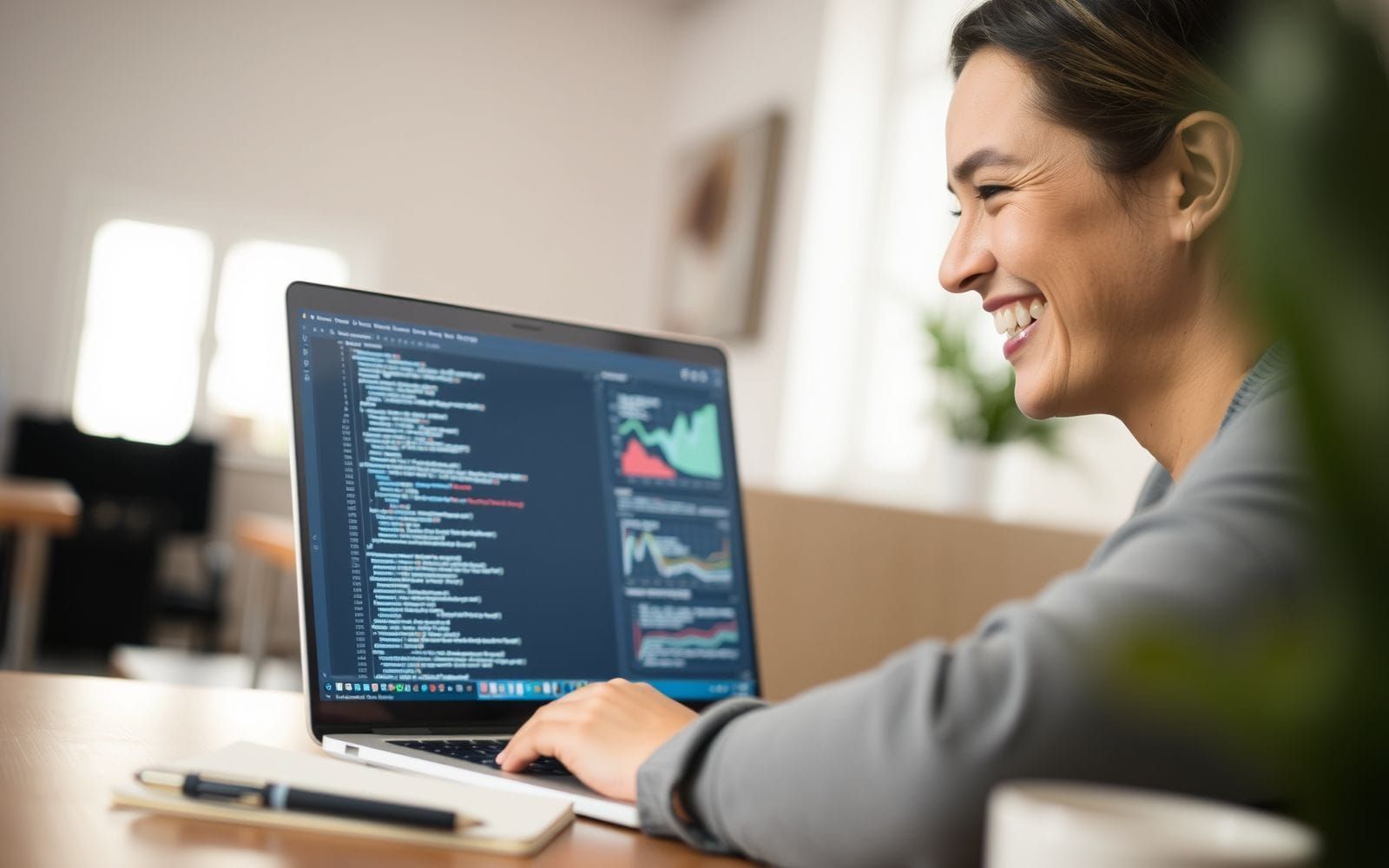 Person smiling while learning Python for data analysis online.