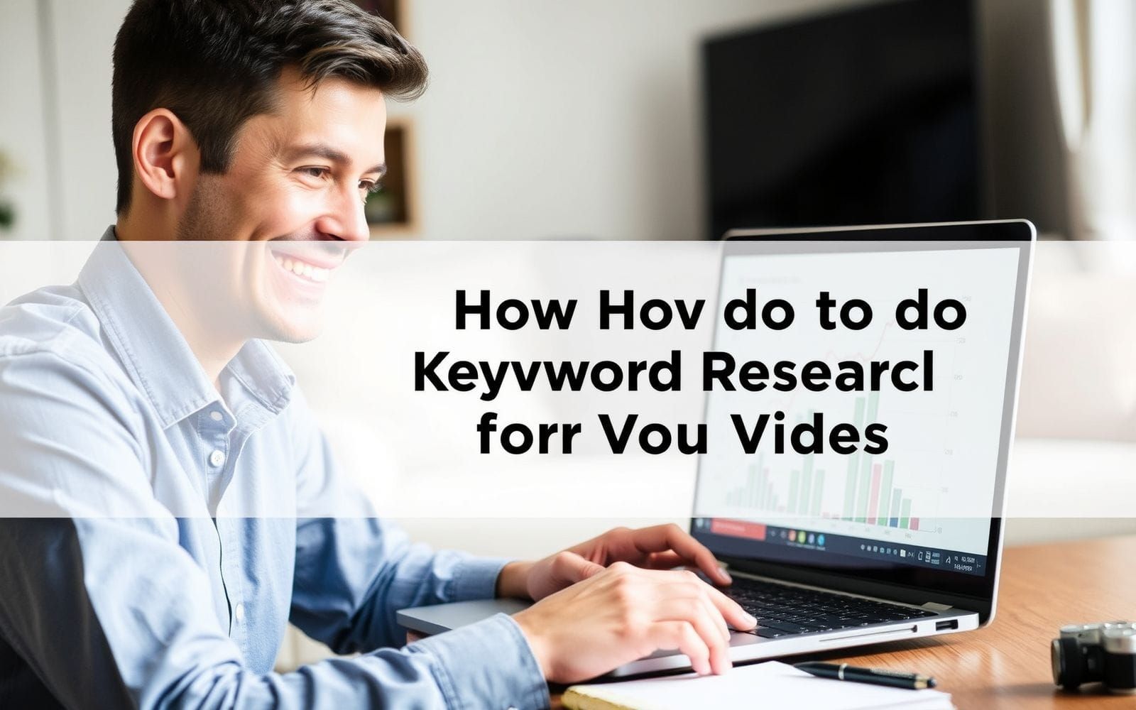Person smiling while doing keyword research for YouTube videos on laptop.
