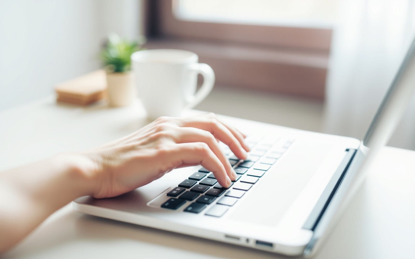 Hands typing on a laptop with blurred background, symbolizing focus and productivity.