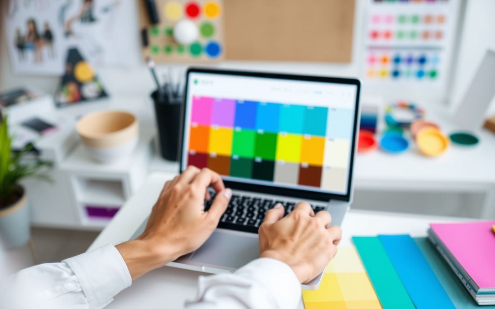 Designer choosing color palettes for web design on a laptop.