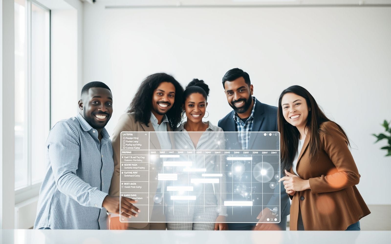 Team collaborating with Gantt chart software for complex project timelines.