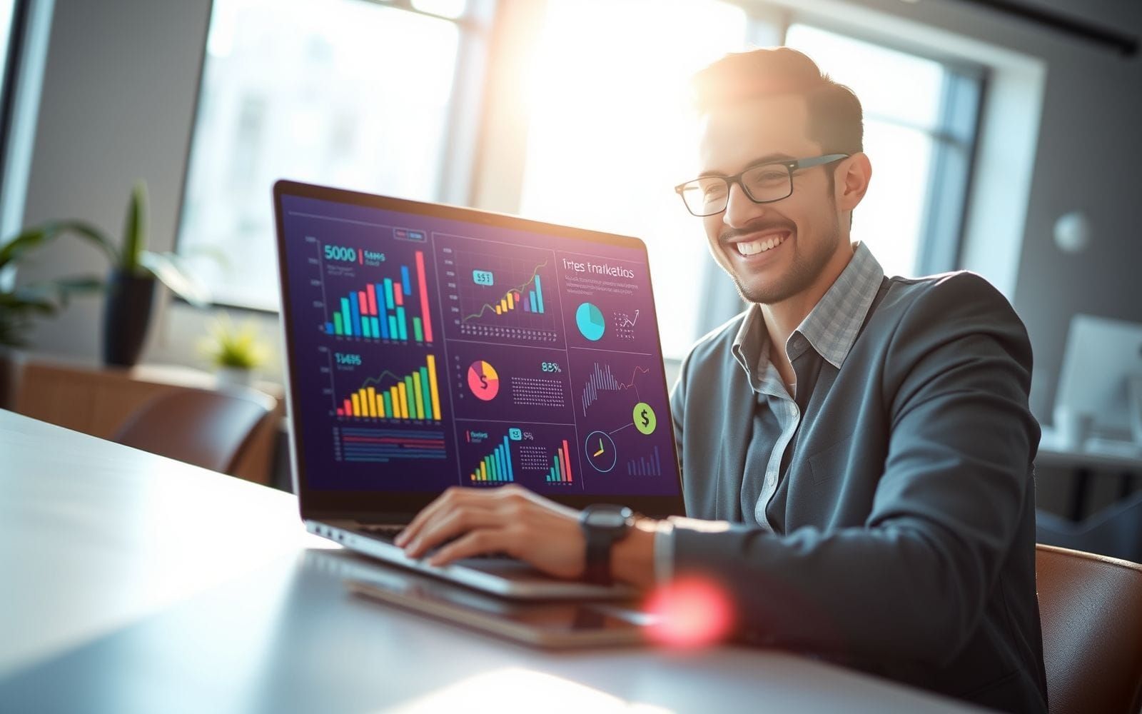 Happy marketer finding best Black Friday software deals on laptop.