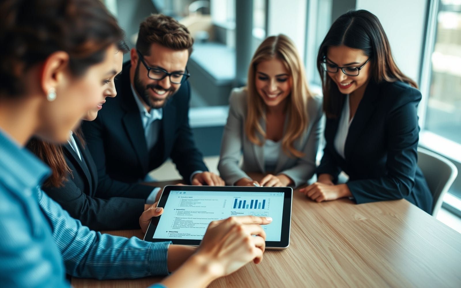 Legal professionals using AI powered legal tech for contract review on a tablet.