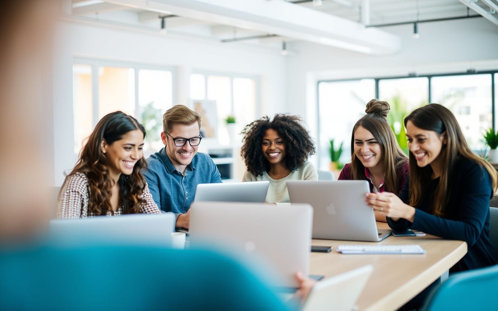 Diverse group working on laptops, representing online coding bootcamps.