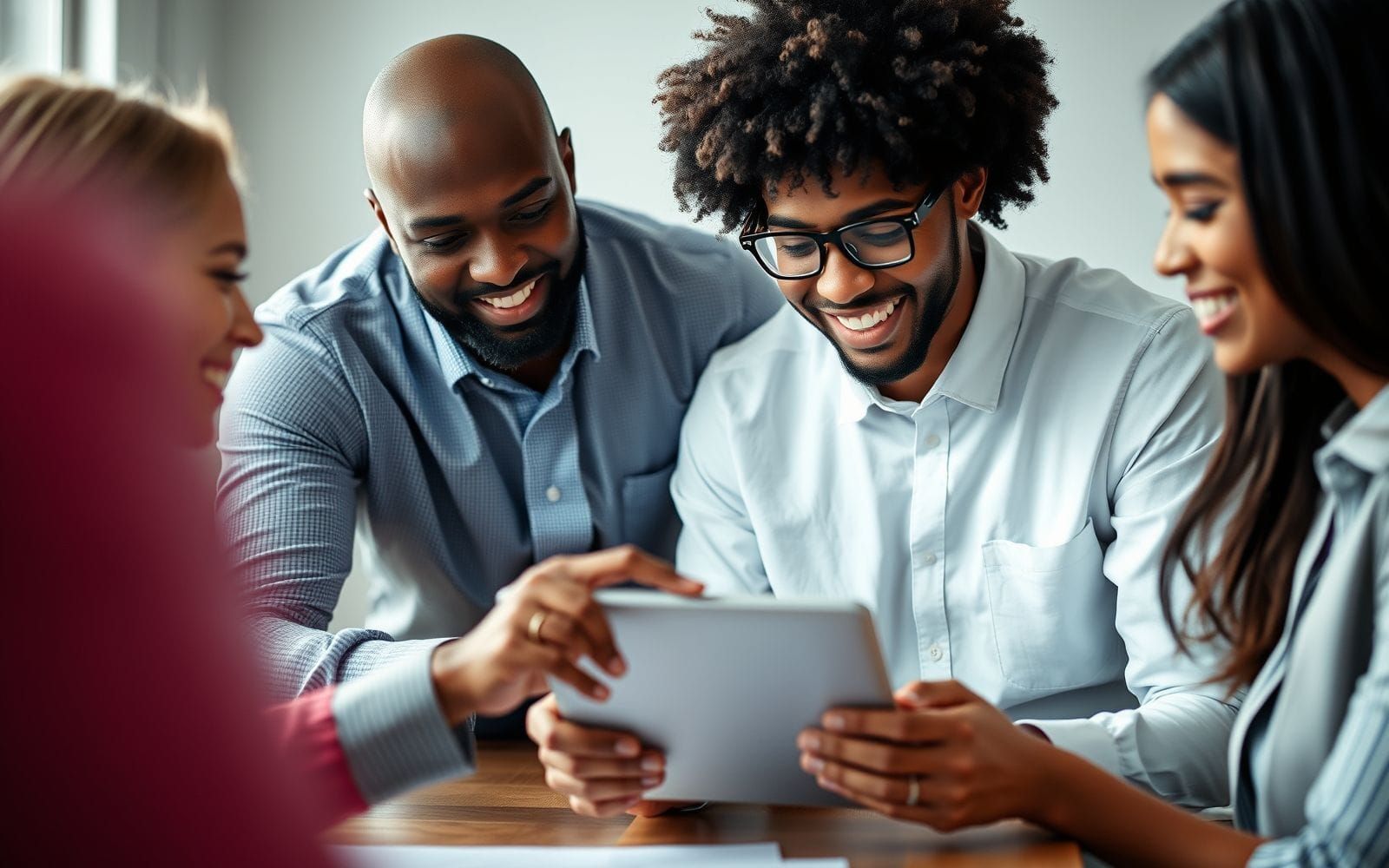 B2B sales team choosing CRM software on a tablet.