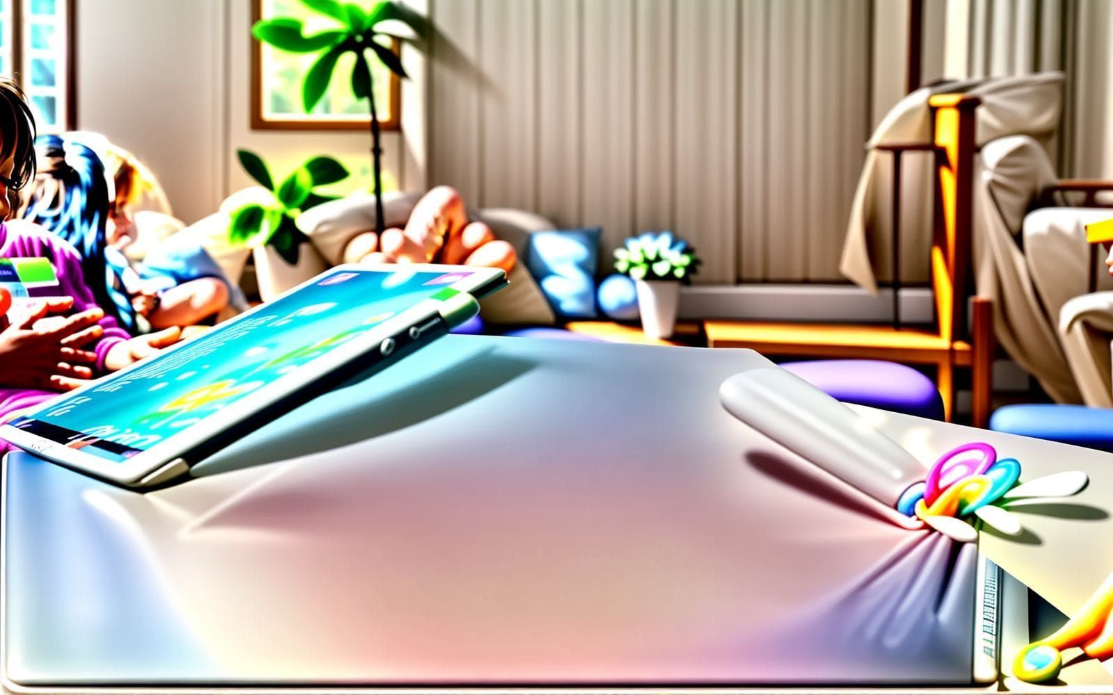 Happy family using a secure password manager on a tablet.