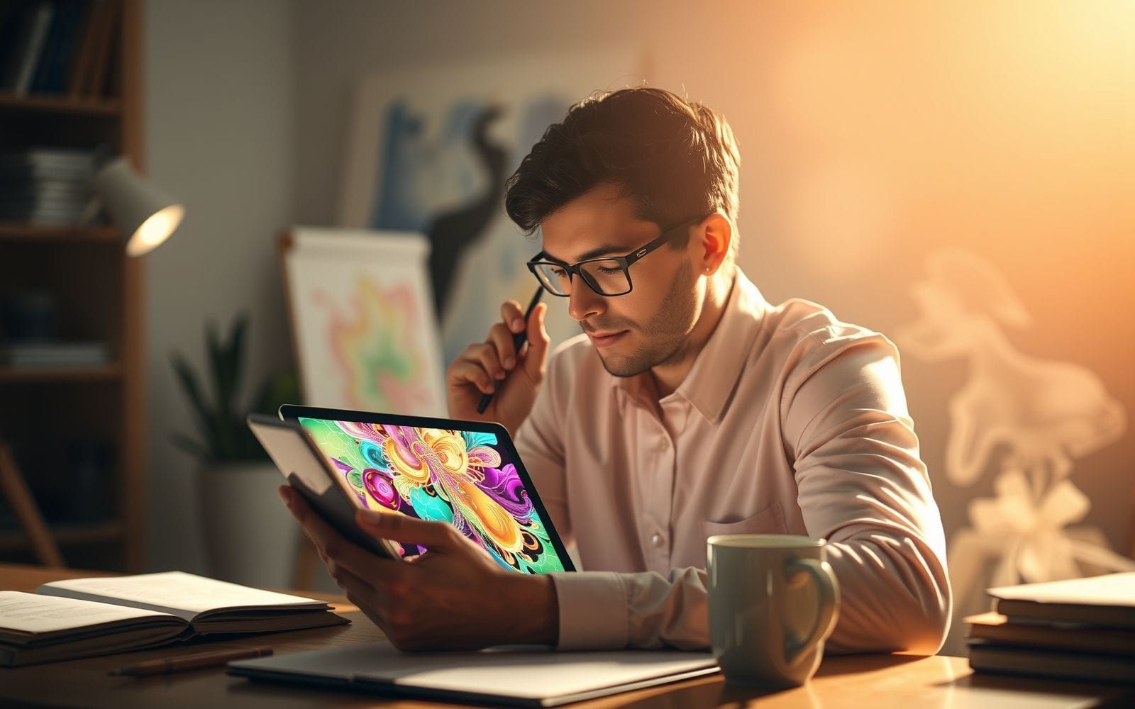 Person creating abstract patterns with an AI art generator on a tablet.