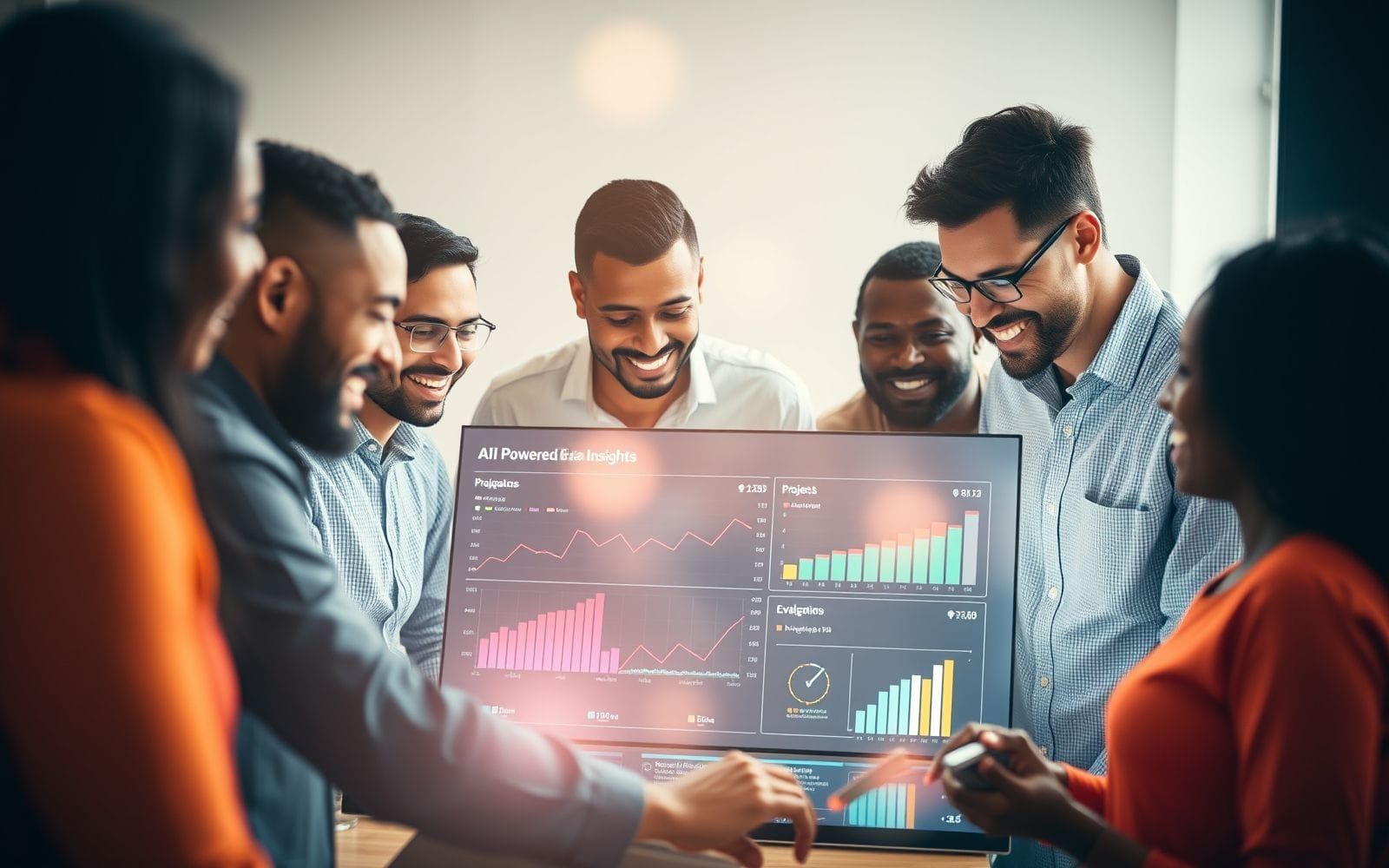 Team using AI tools for project management, showing positive impact.