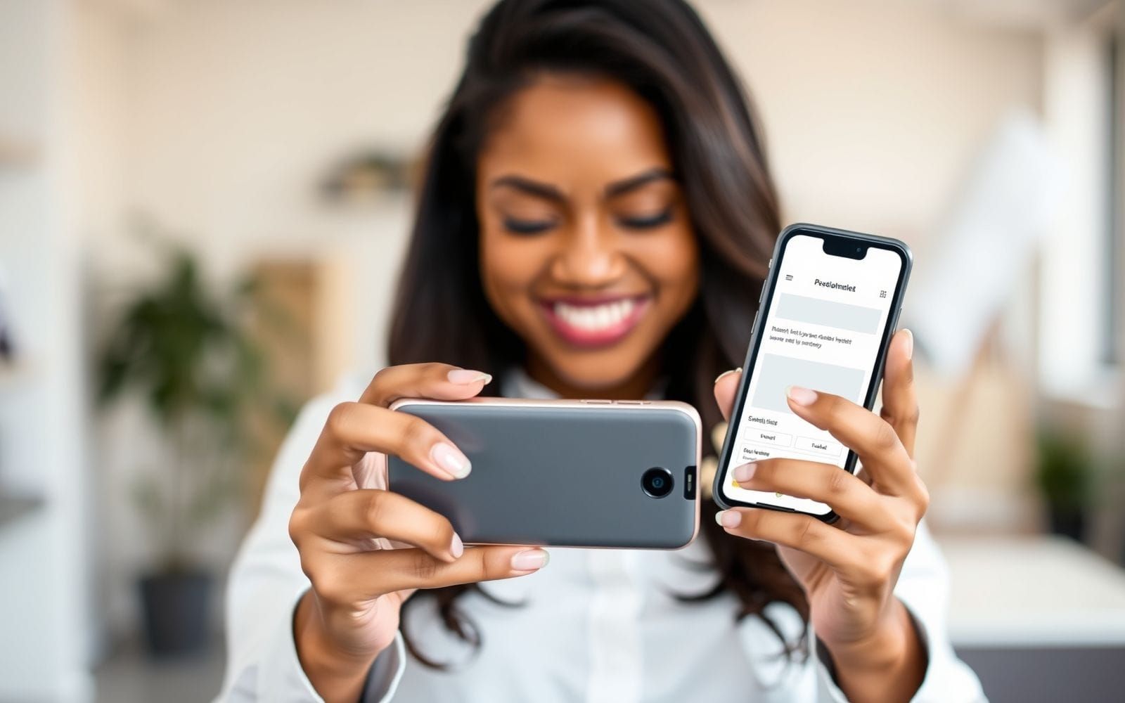 Person smiling while using a mobile landing page builder on a smartphone.