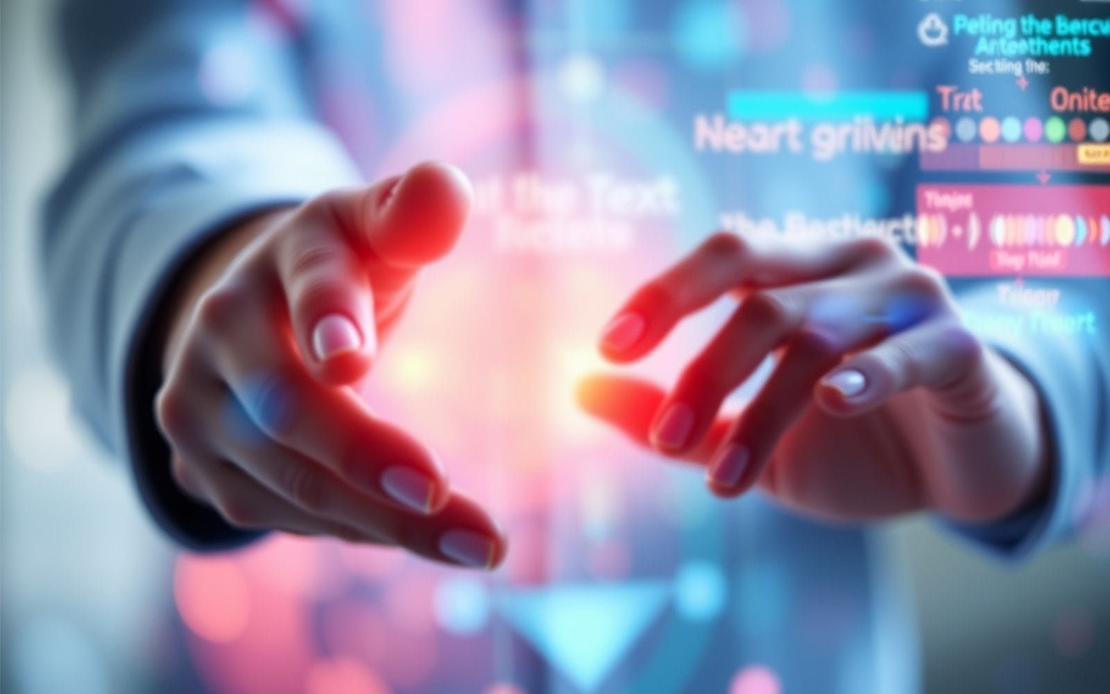 Hands interacting with abstract digital patterns, representing ethical implications of AI in creative industries.