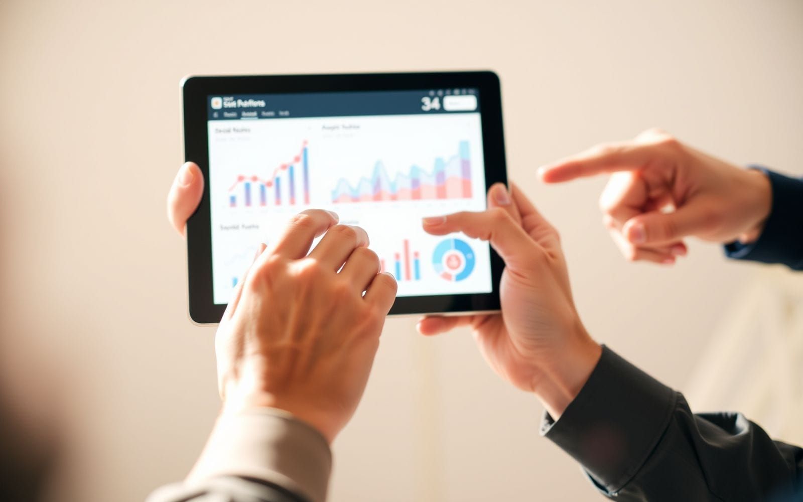 Hands using a tablet displaying analytics from tools for tracking competitor social media advertising campaigns.