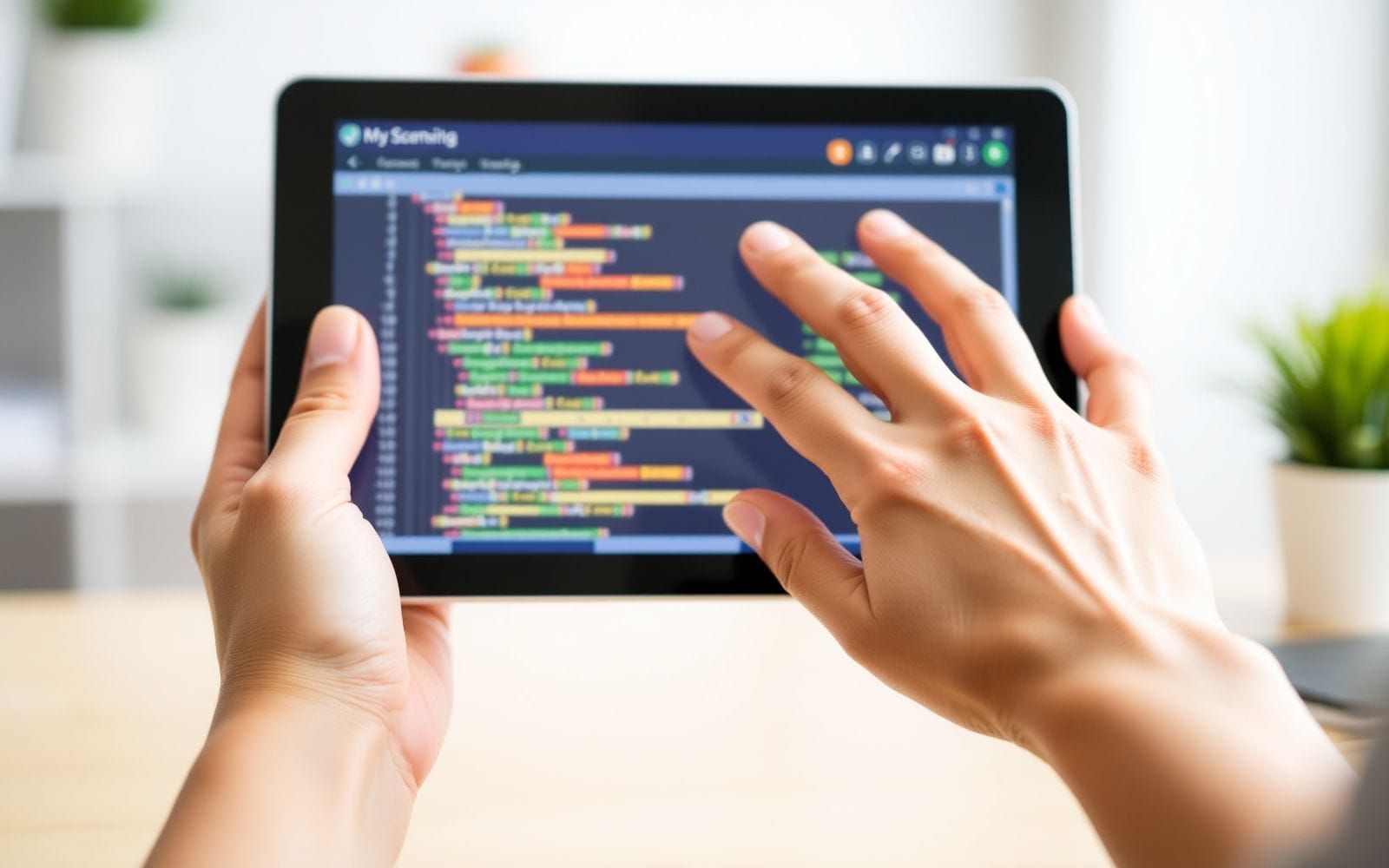 Hands using a tablet to generate schema markup for rich snippets.