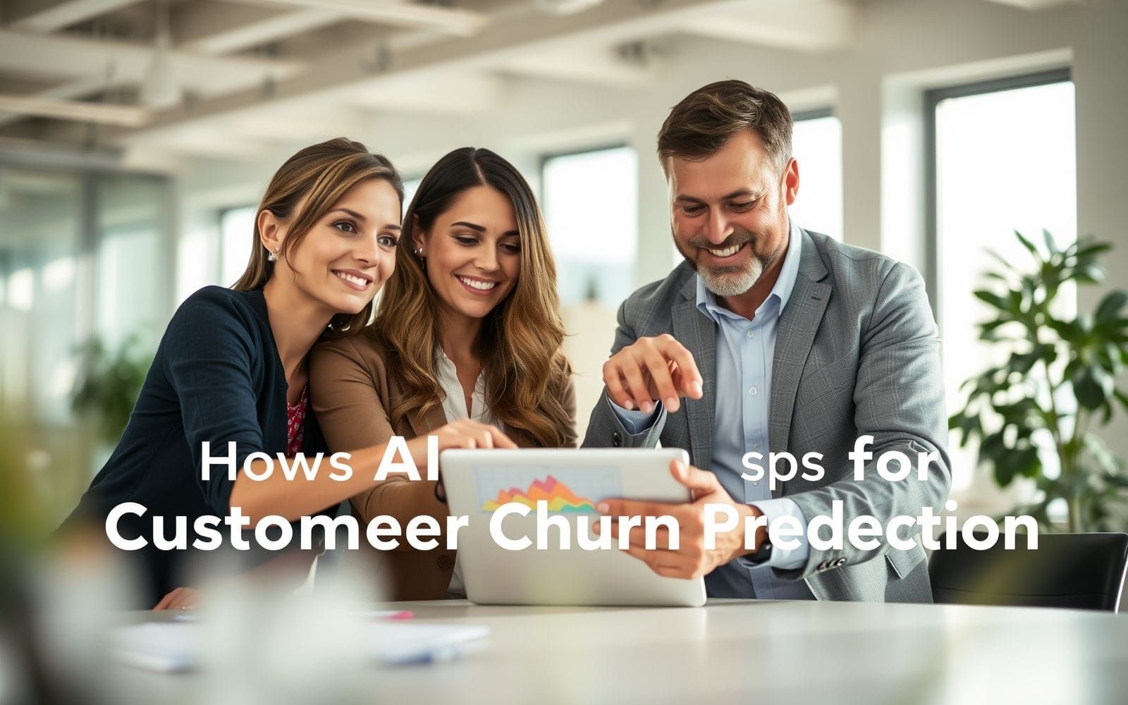 Professionals analyzing data on a screen, using AI for customer churn prediction models.