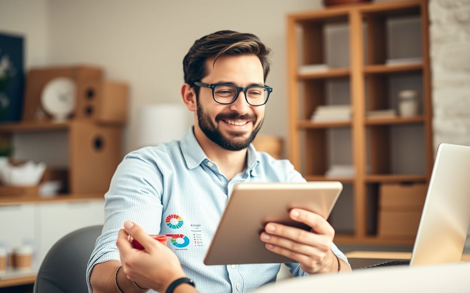 E-commerce owner analyzing business intelligence data on a tablet.