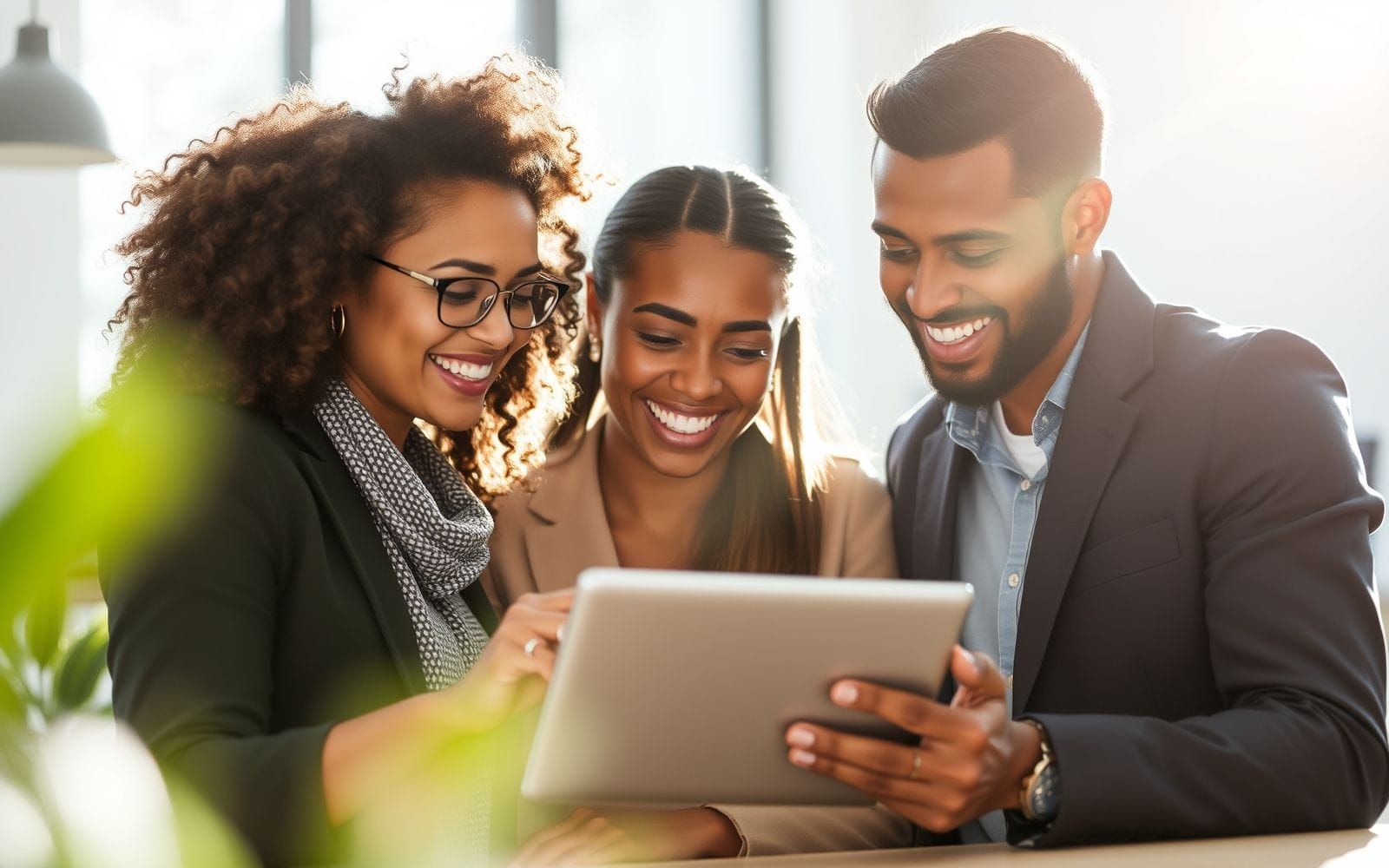 Two professionals collaborating on a tablet, comparing Google Workspace vs Microsoft 365.