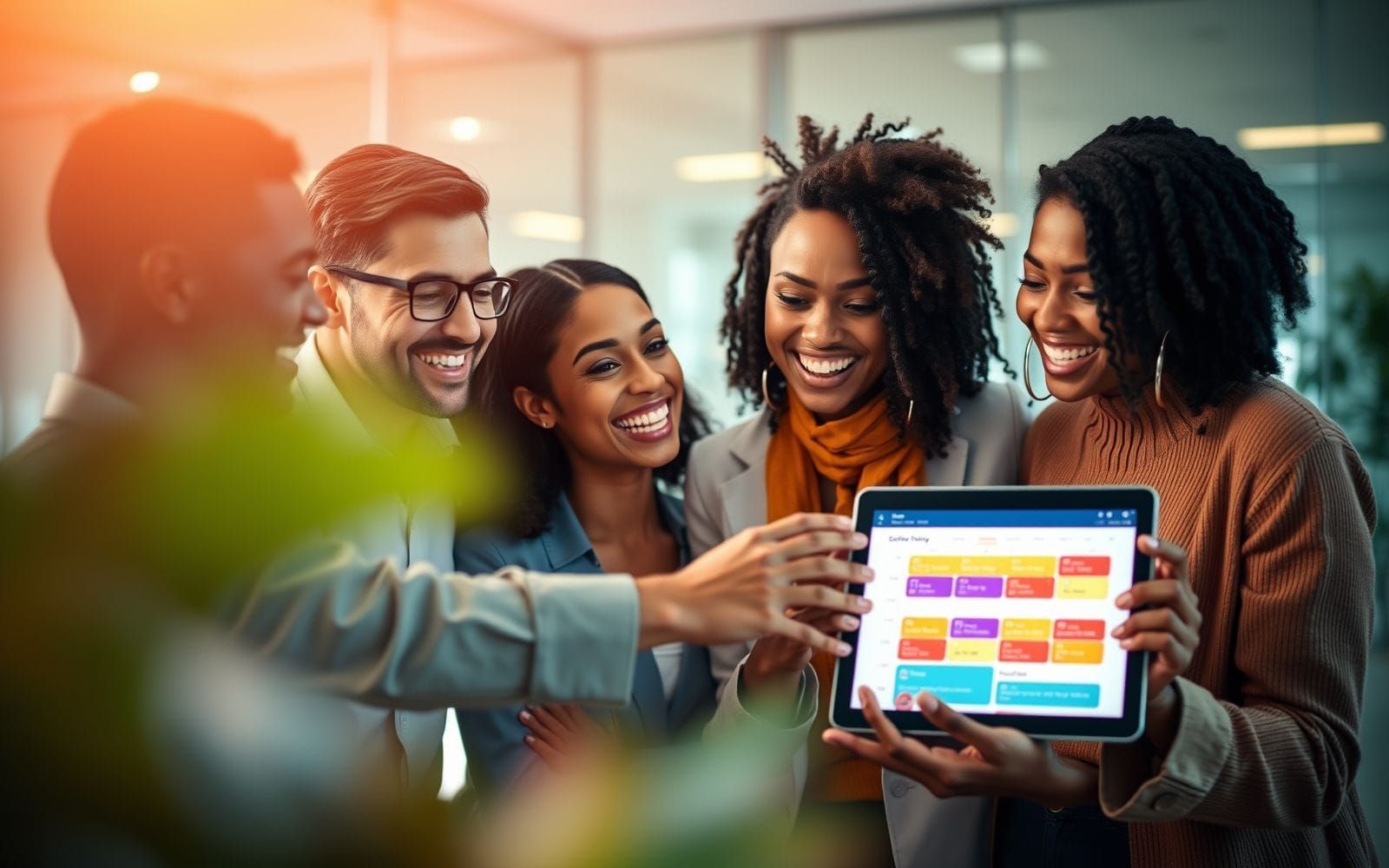 Team members collaboratively viewing scheduling options on a tablet.