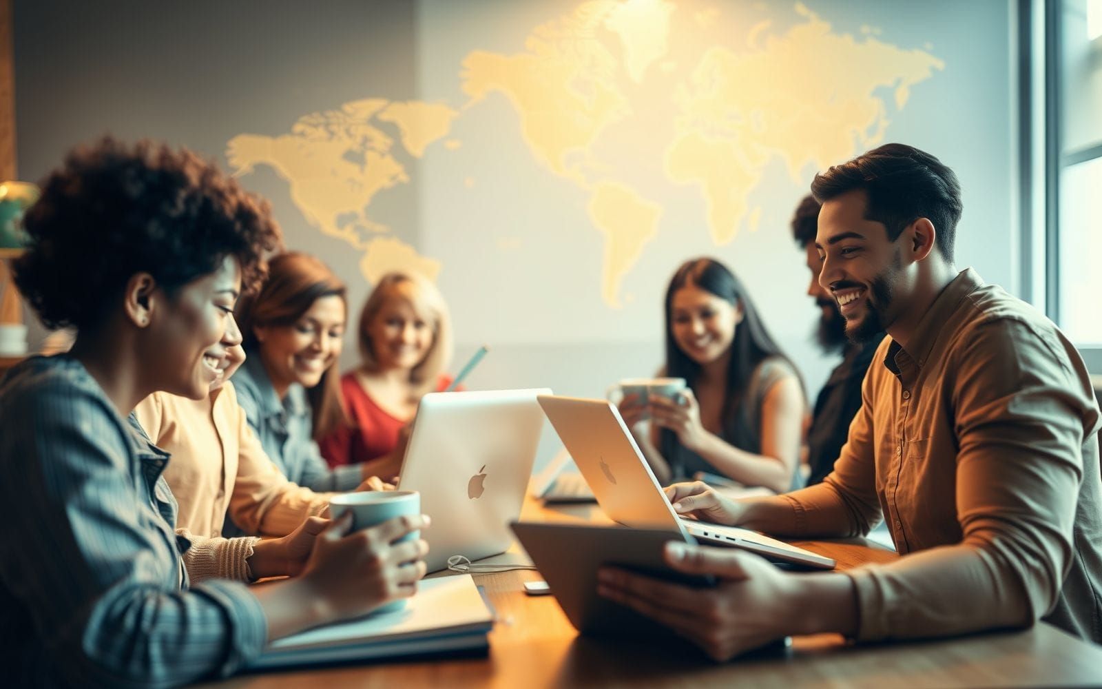 Diverse global team collaborating using asynchronous communication tools.