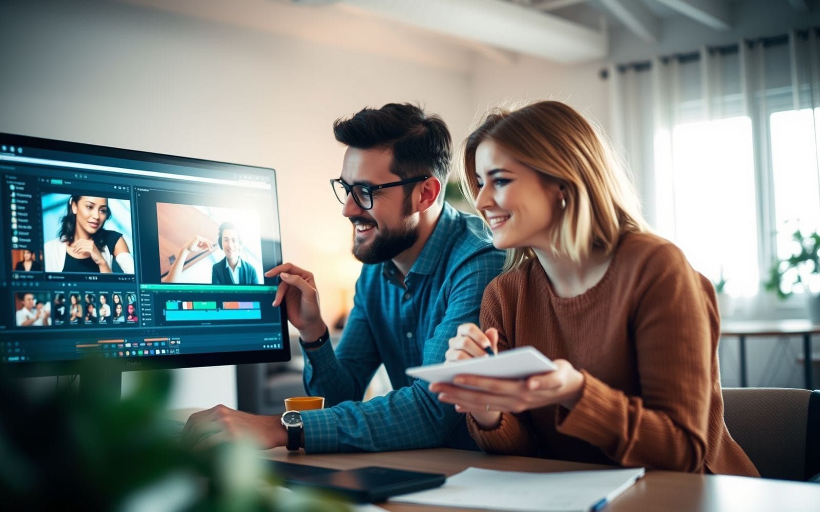 Two professionals comparing DaVinci Resolve vs Adobe Premiere Pro interfaces on a screen.