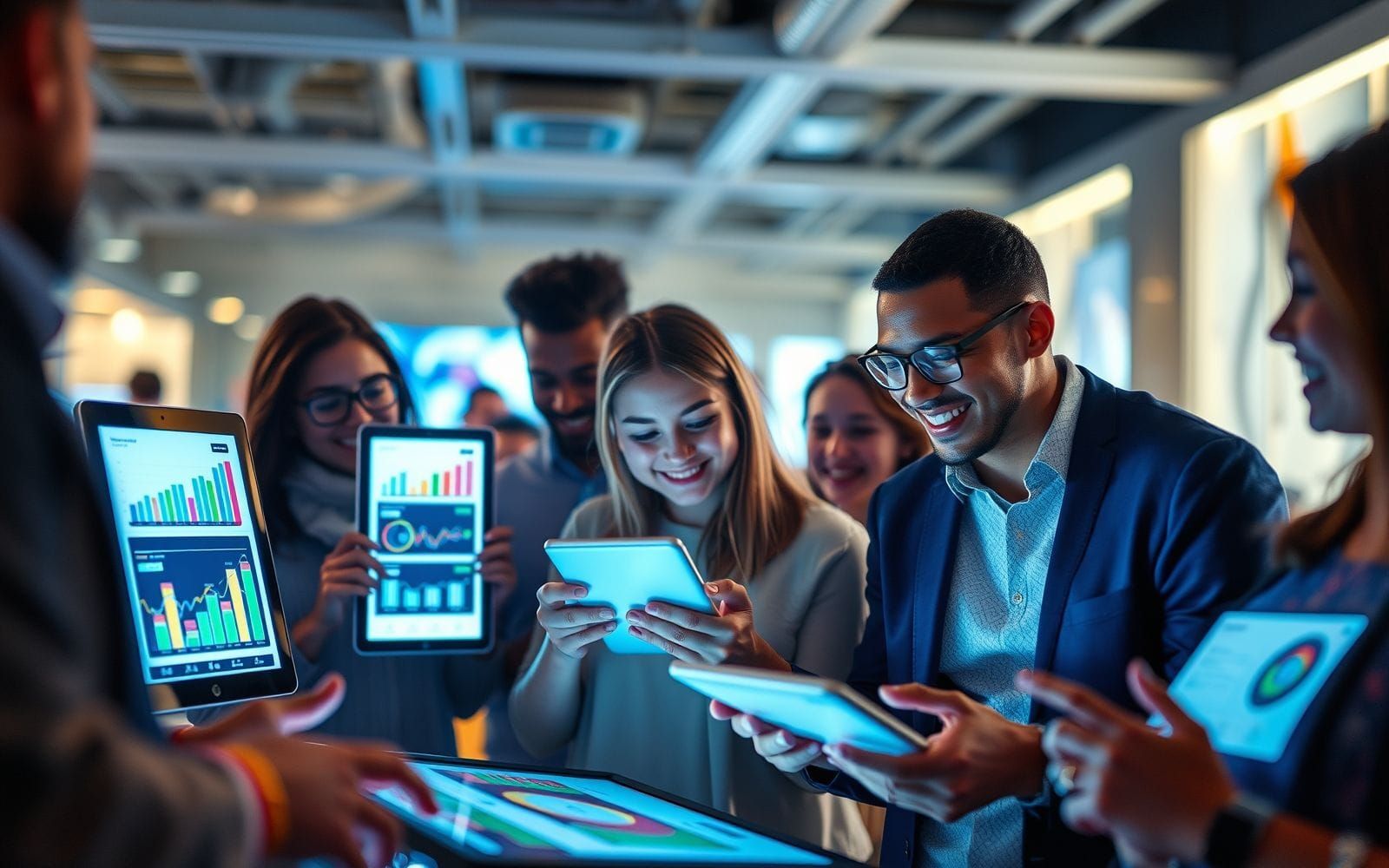 People engaging with interactive content marketing examples and tools on screens.