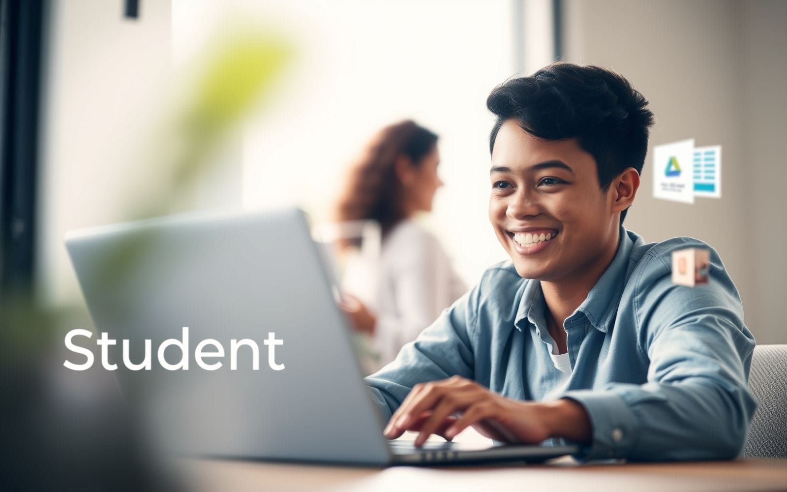Smiling student using laptop, finding student discounts for popular software.