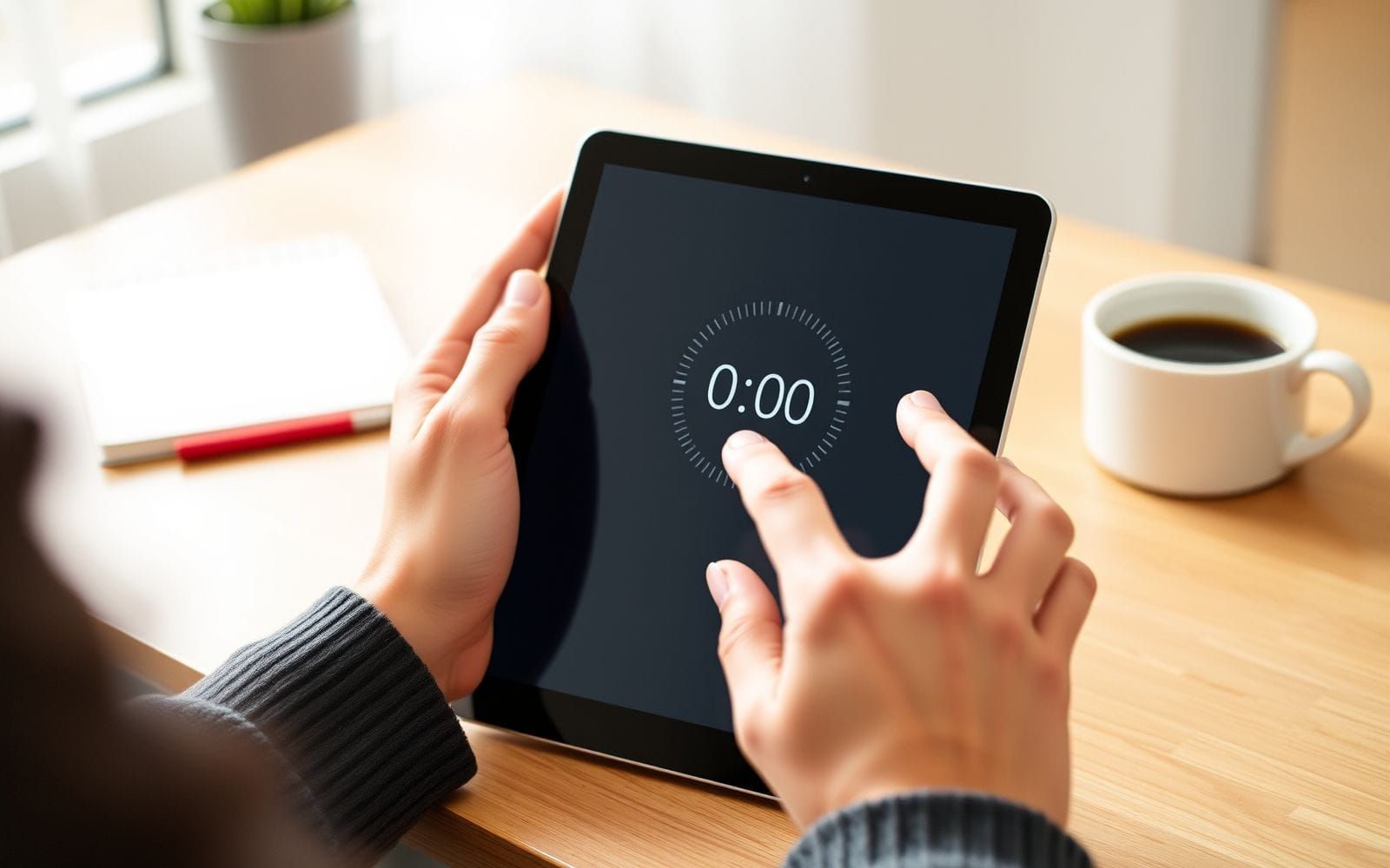 Hands using a Pomodoro Technique app on a tablet for focused work.