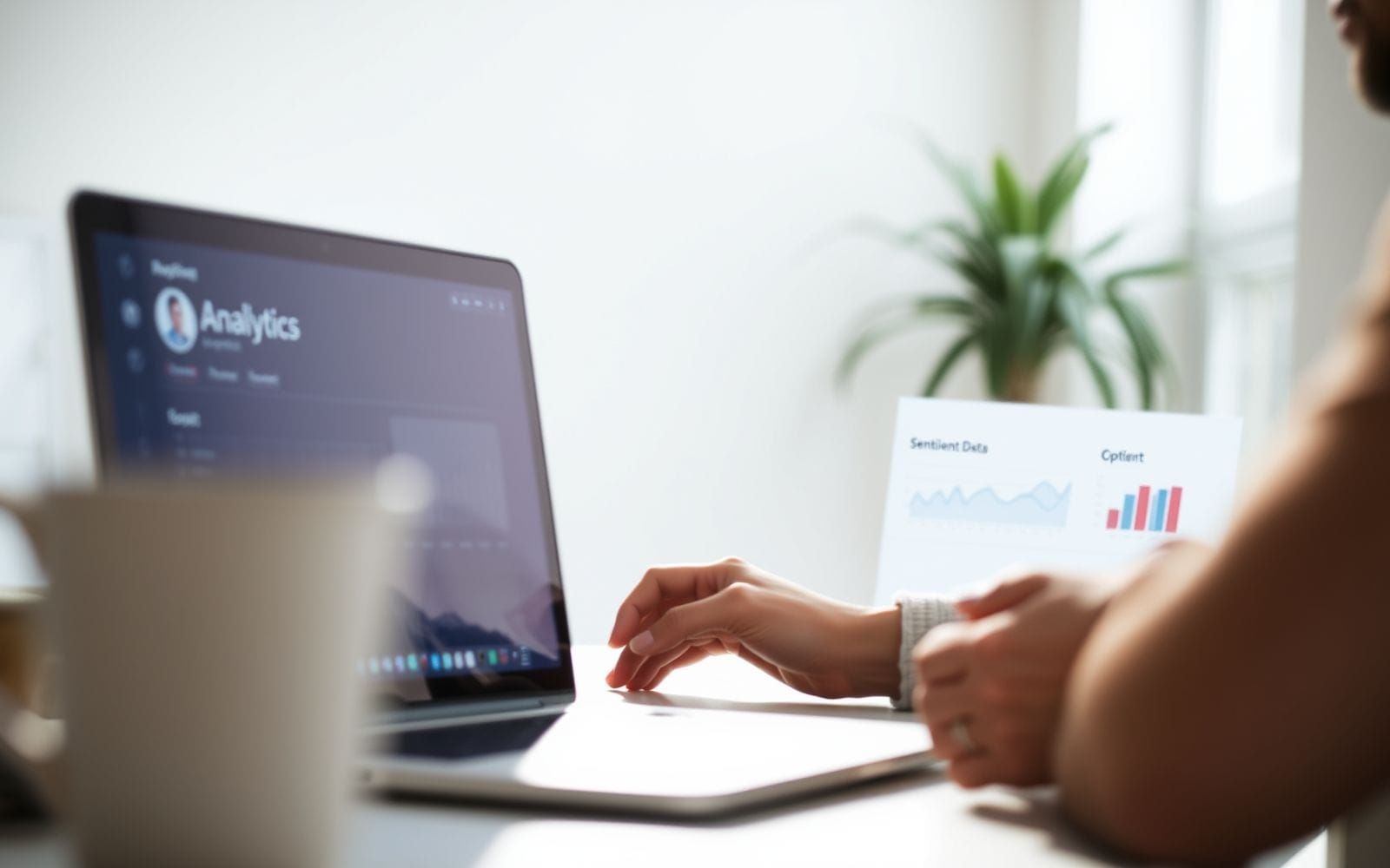 Person analyzing social media listening tool dashboard for brand reputation