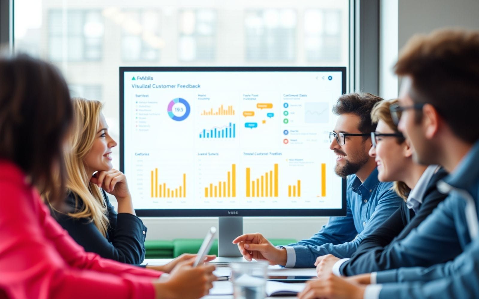 Team analyzing customer feedback management software data for SaaS.