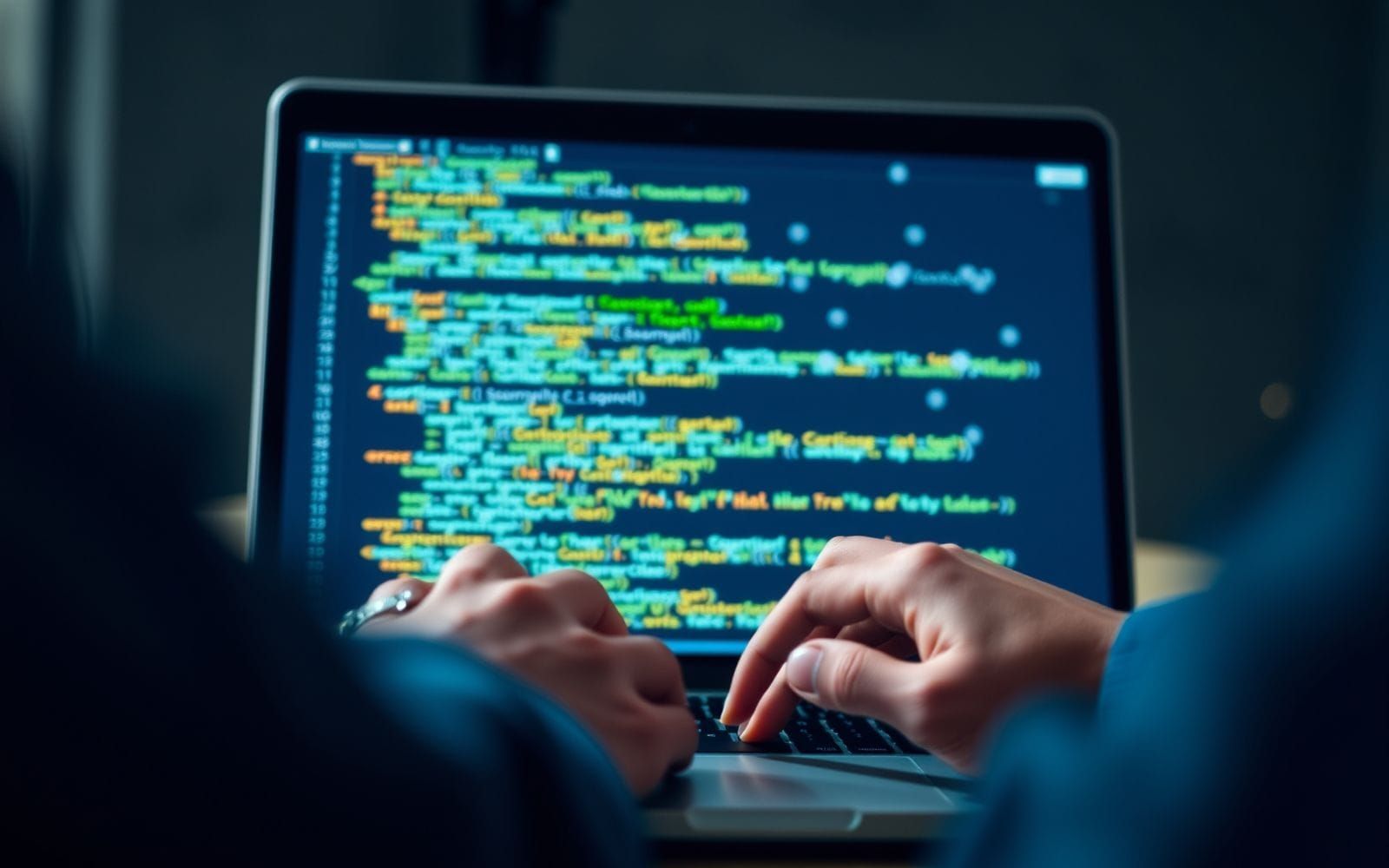 Hands working on laptop with code, representing AI powered code review.