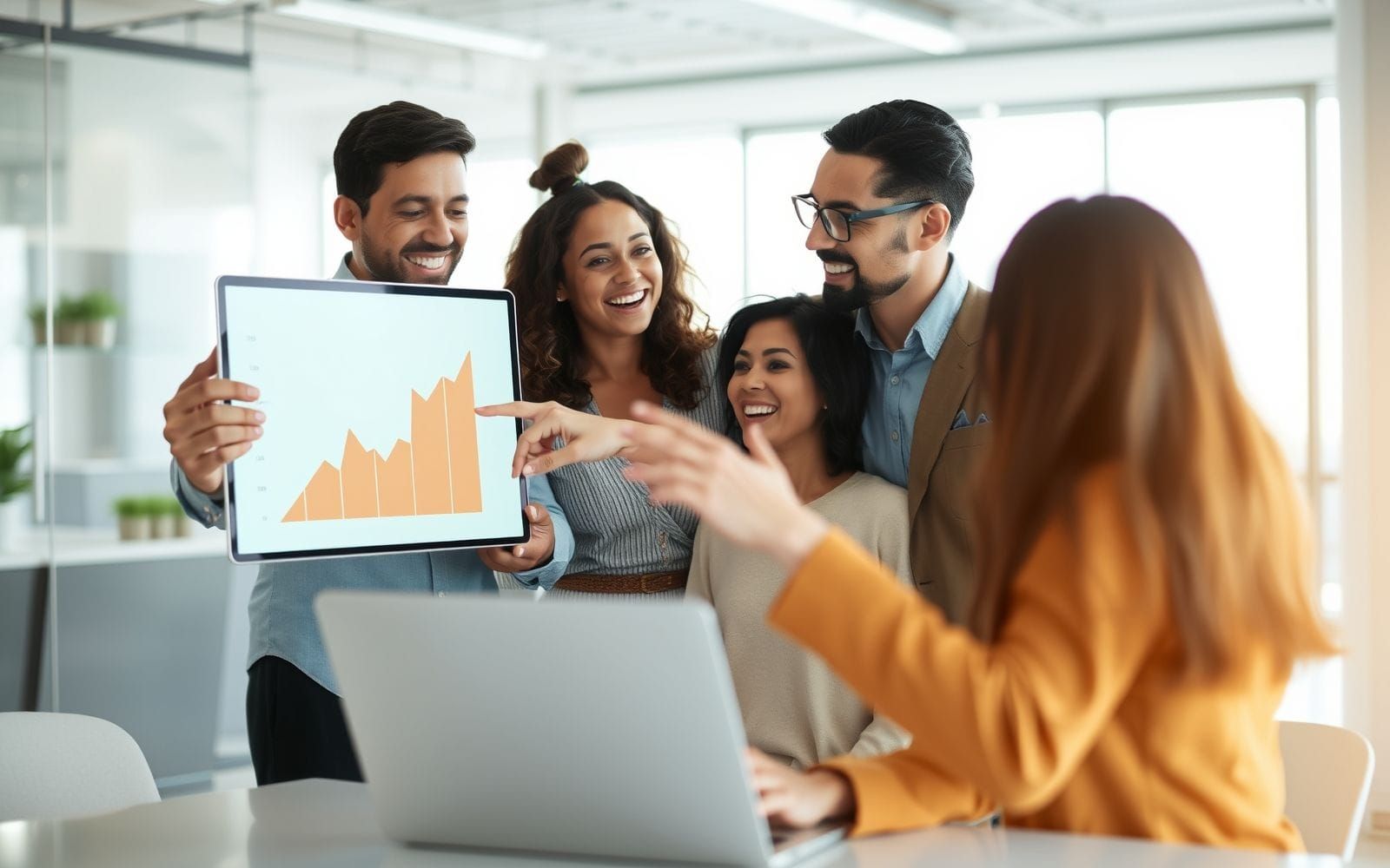 Professionals discussing performance using HR software.