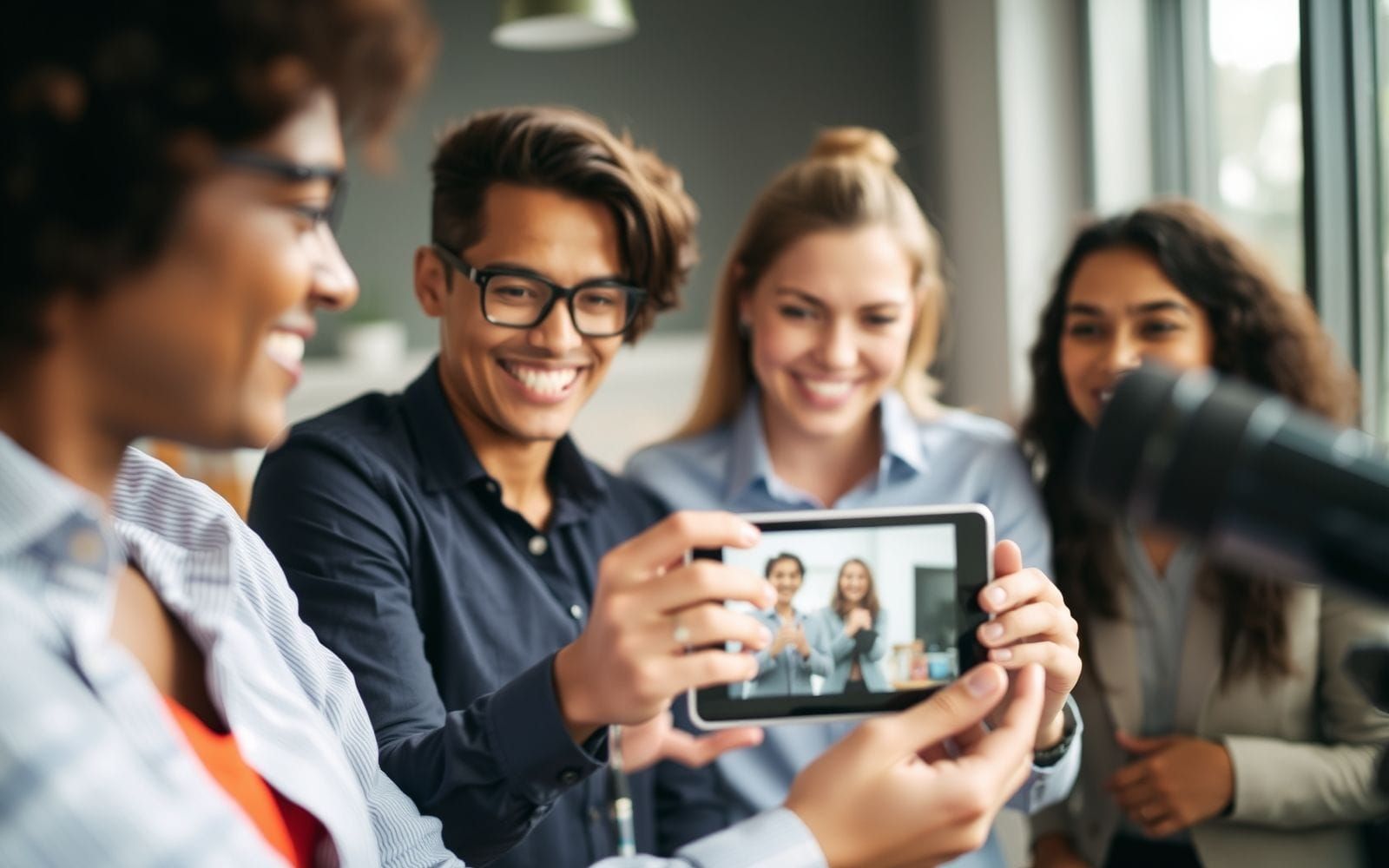 Diverse group viewing screen, symbolizing tools for creating engaging video testimonials.