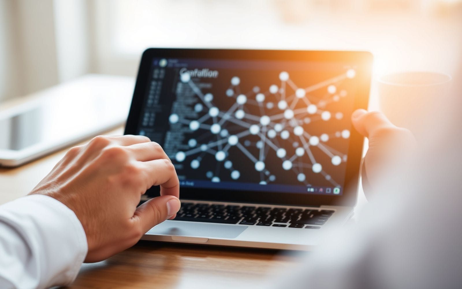 Hands using tablet showing marketing automation workflows.