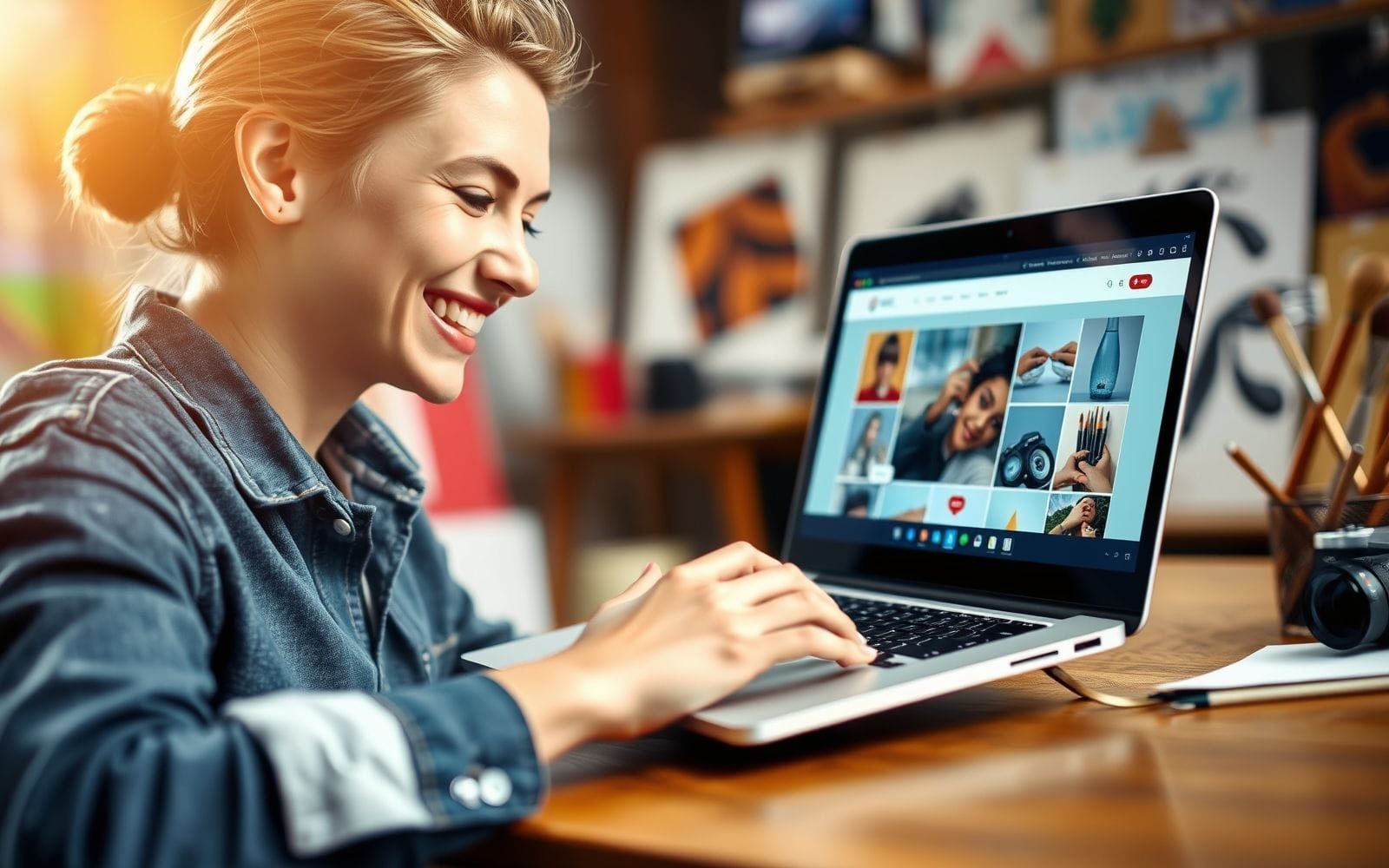 Artist using laptop to build portfolio with best website builder