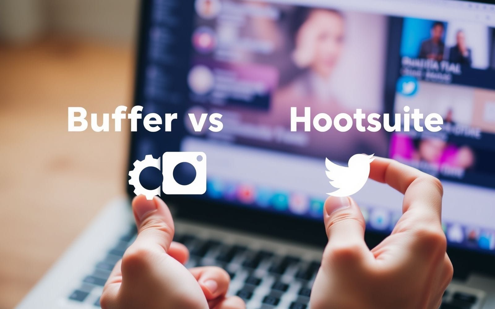 Hands holding symbols representing Buffer vs Hootsuite social media scheduling.
