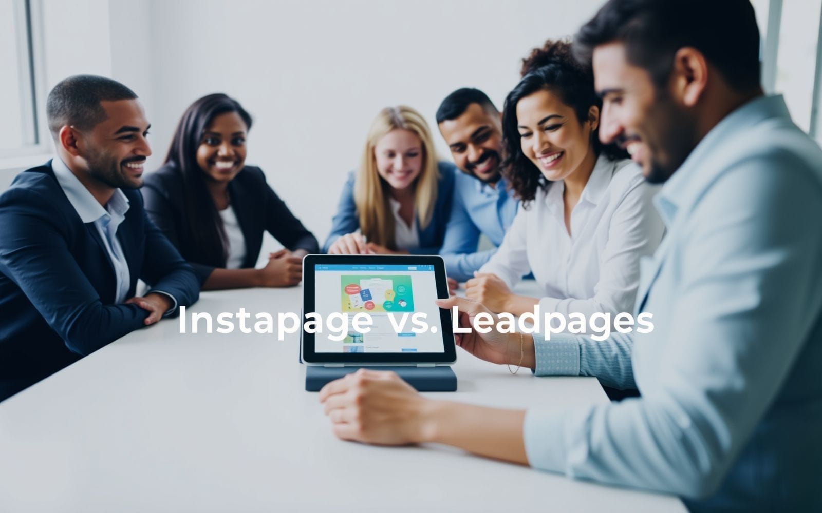 Professionals comparing Instapage vs Leadpages on a tablet.