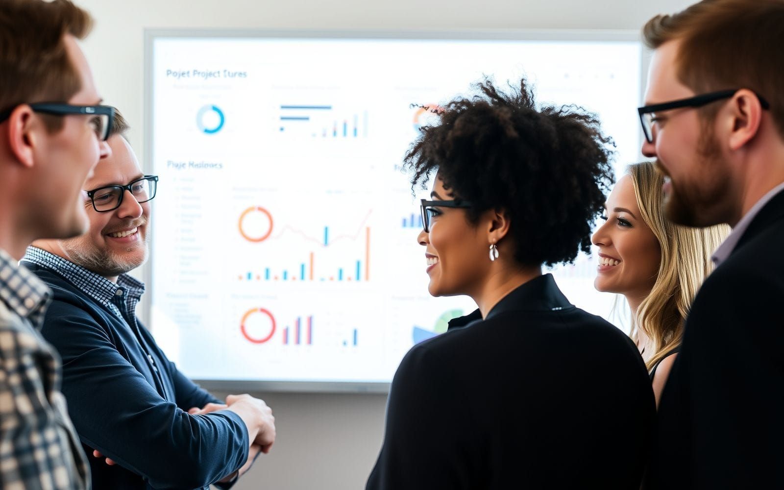 Team analyzing project management software reports