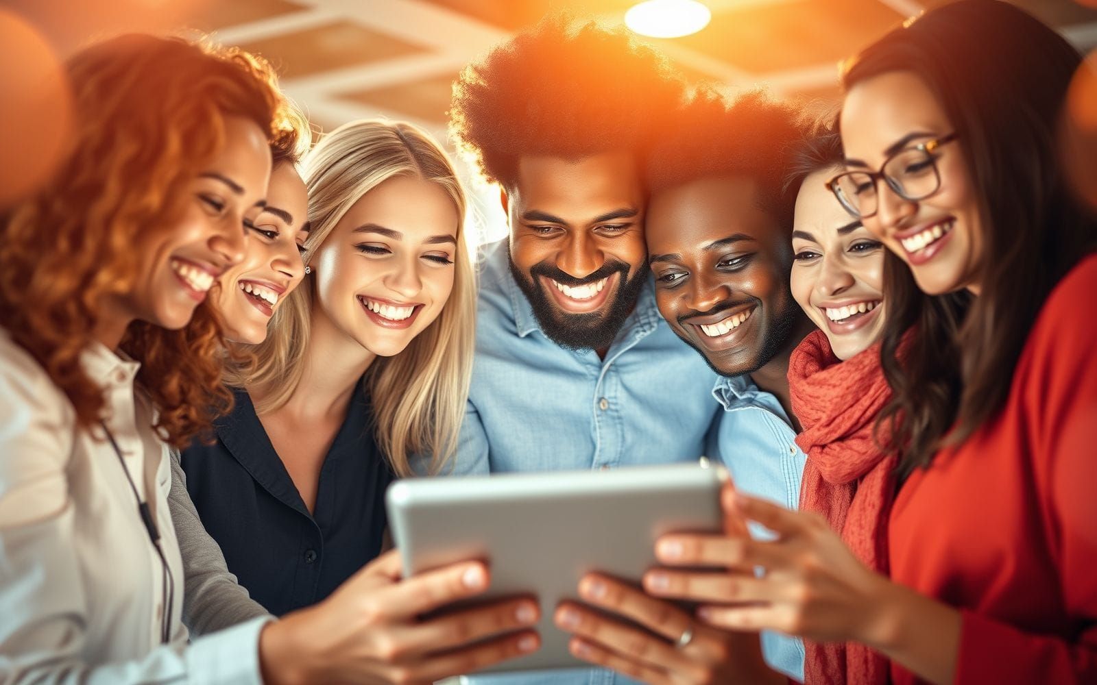 Group of diverse people using accessible UI design on a tablet.