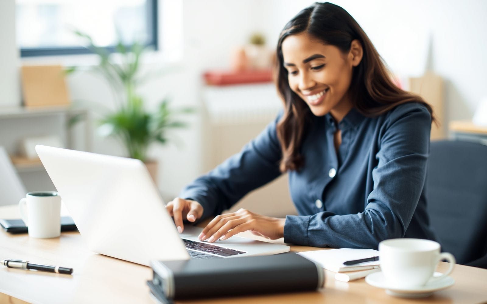 Person smiling while using AI writing assistant on laptop, improving content quality.