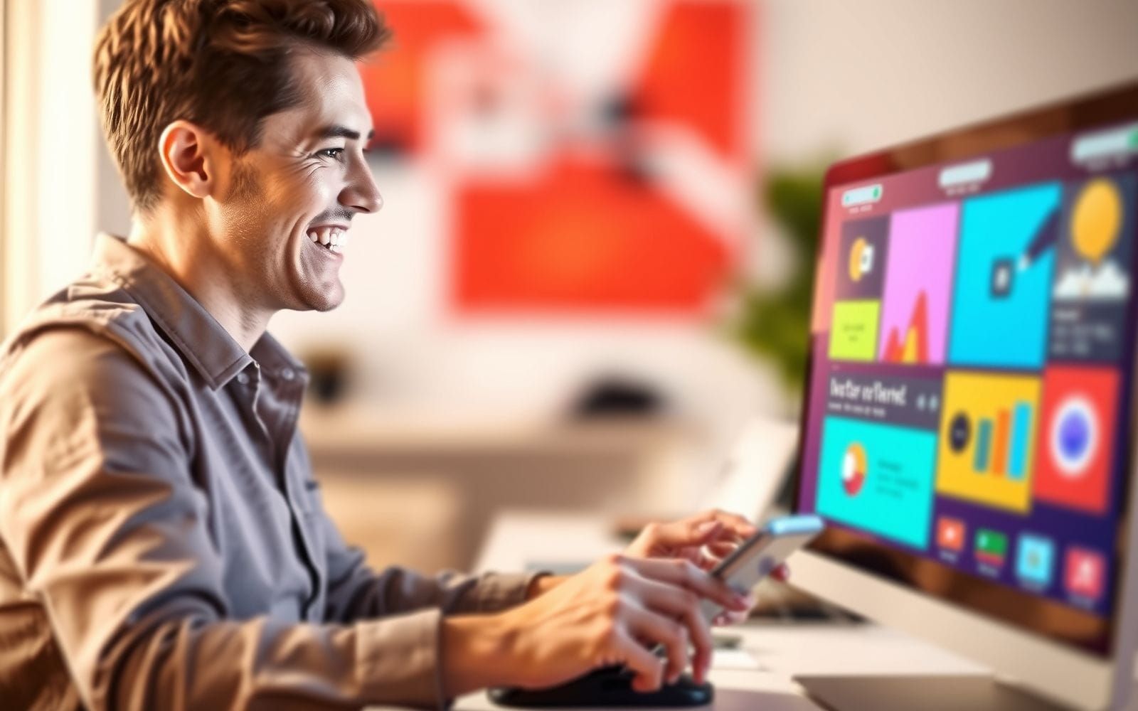 Person smiling using graphic design software, showing Canva alternatives.