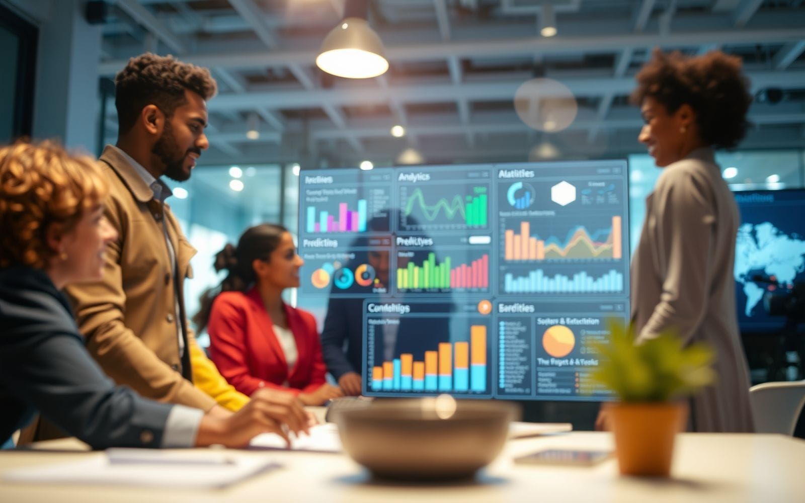 Marketing team using AI for predictive analytics dashboard.