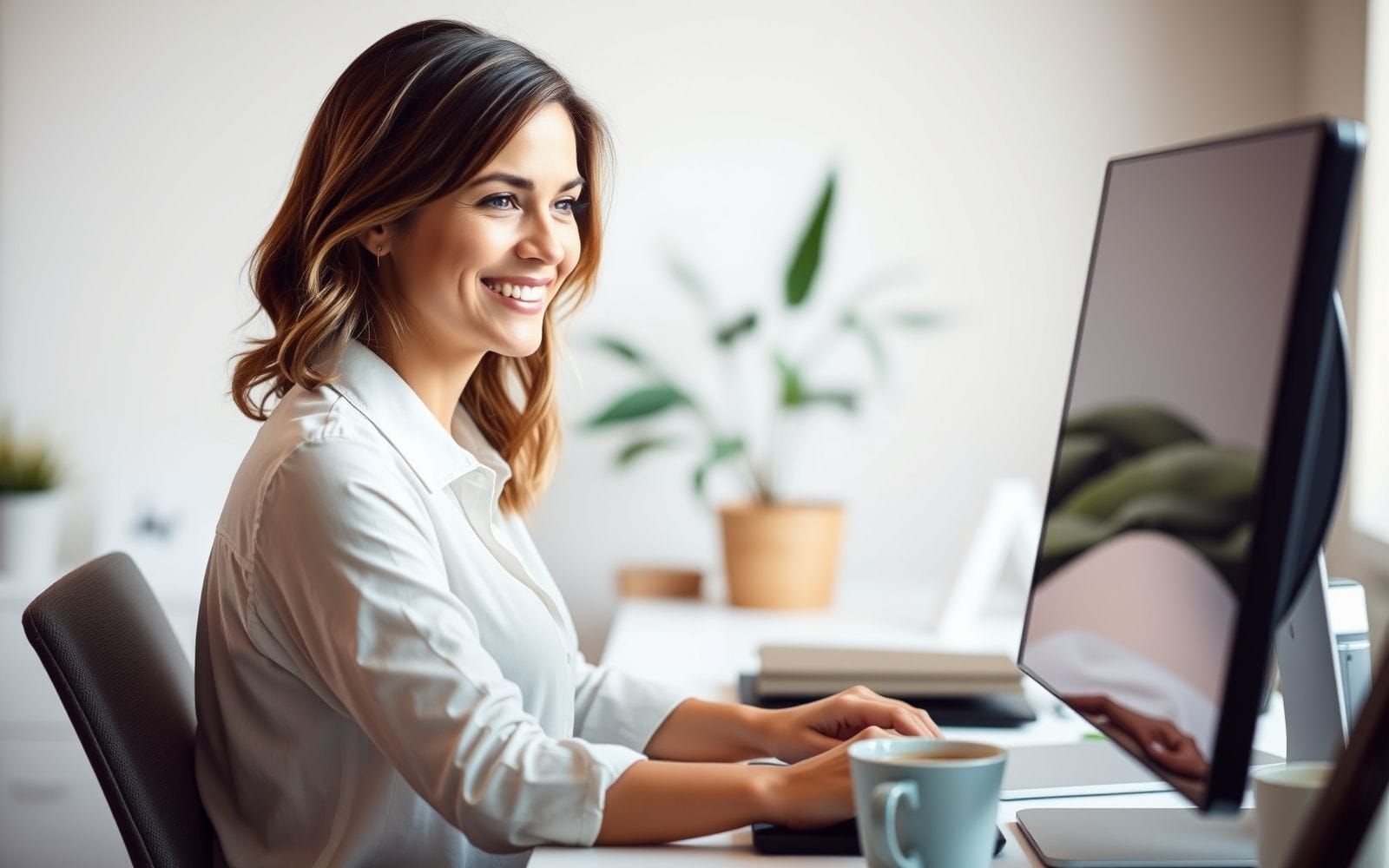 Woman smiling using computer, showing how to use automation tools to reduce administrative work.
