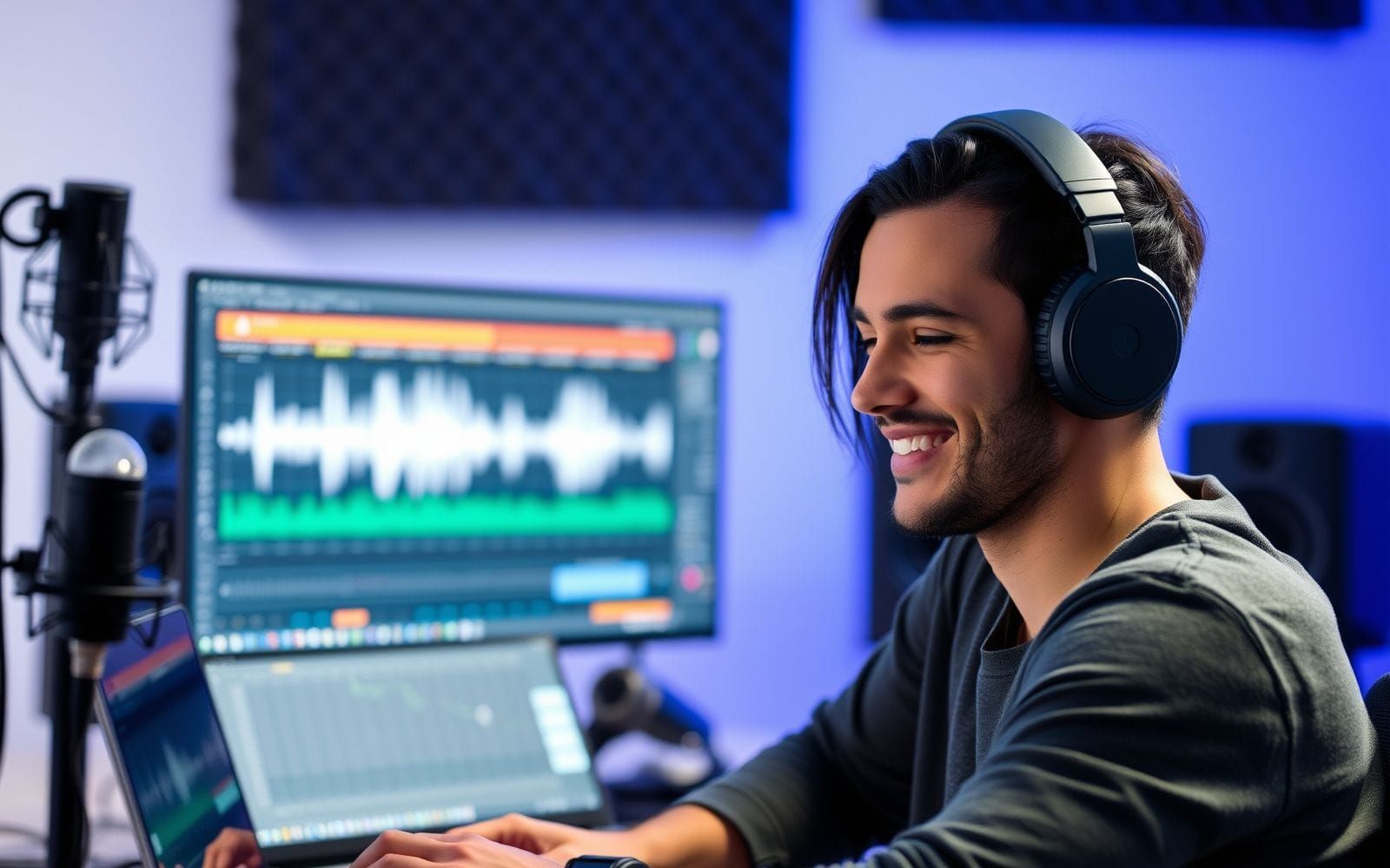 Creator using top AI powered voice cloning software on a laptop.