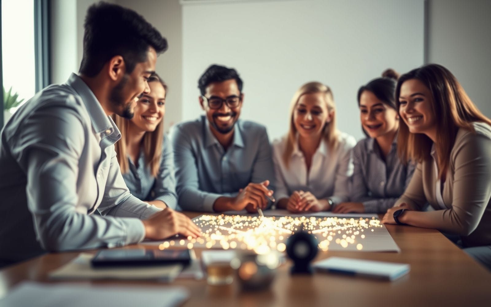 Professionals collaborating, using AI for customer journey mapping.