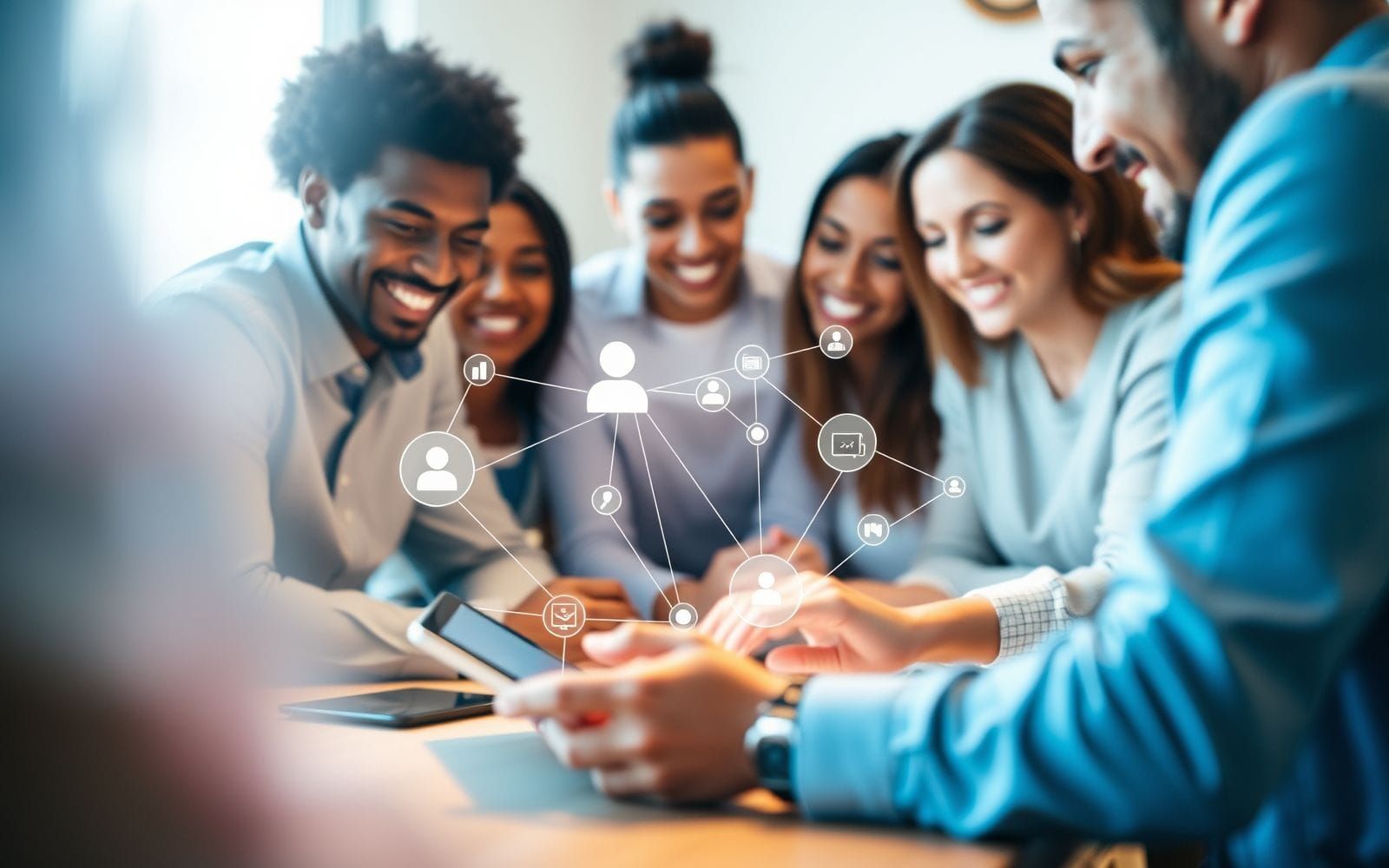 Professionals viewing screen showing AI chatbot integrating with CRM.