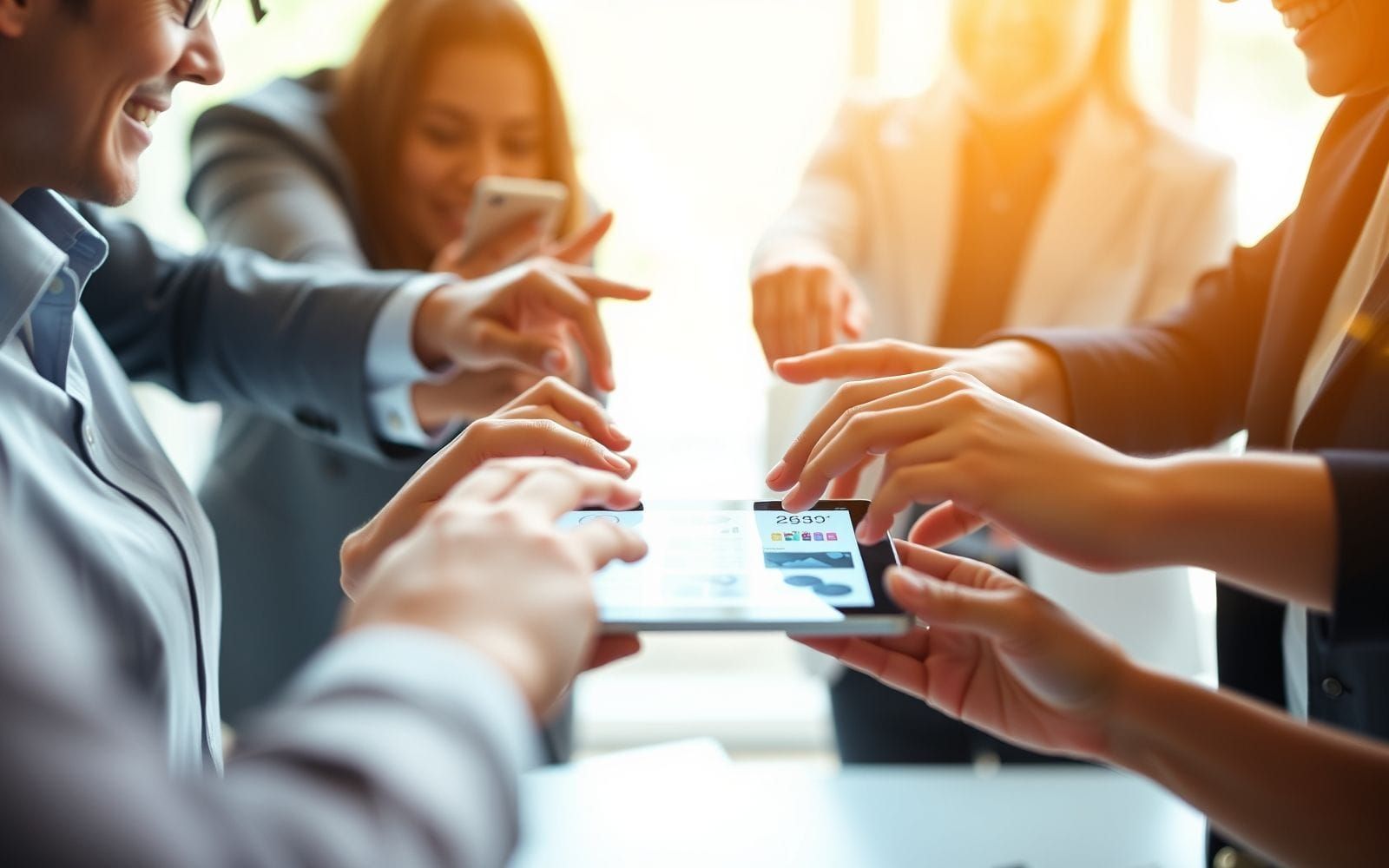 Diverse hands collaborating on UI design using a digital tool.