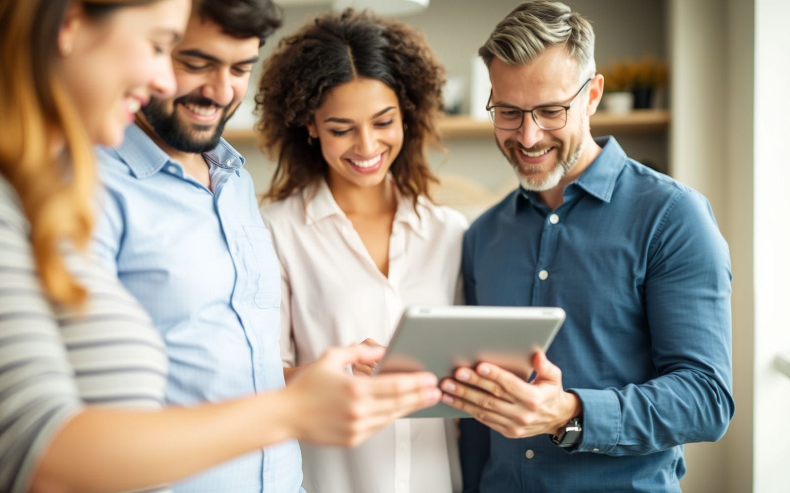 Diverse group using AI for personalized learning path creation.