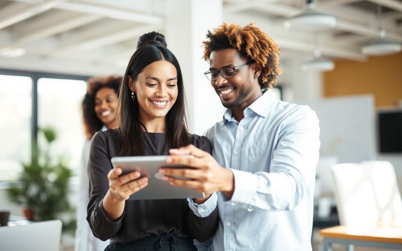 An employee smiling while using a tablet, showcasing an employee self-service portal.
