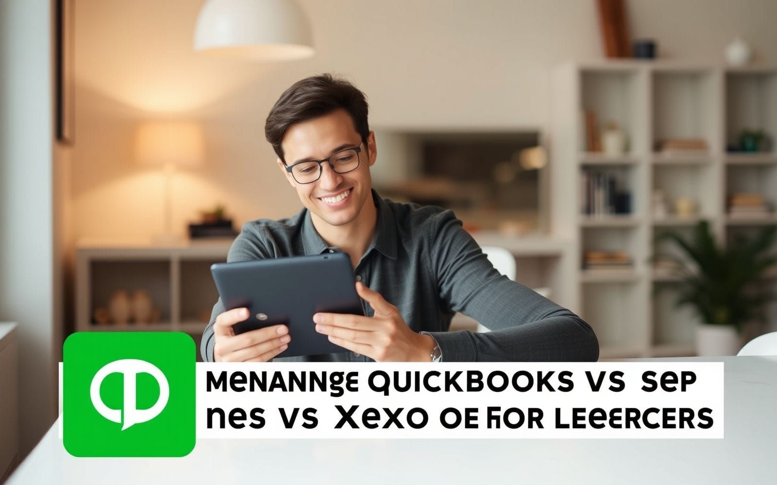 Freelancer reviewing finances on tablet, comparing QuickBooks vs Xero.